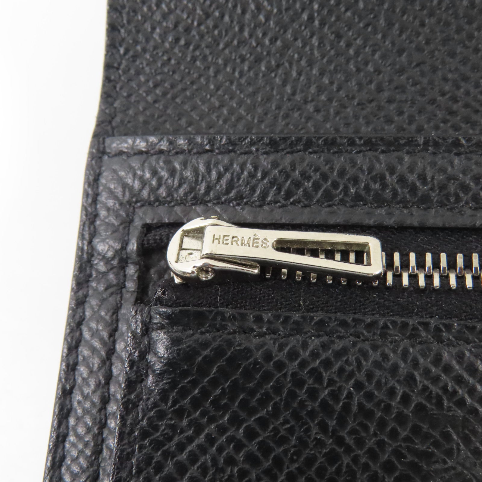 HERMES Epsom皮革/Alligator皮革Bearn Compact銀扣錢包Noir