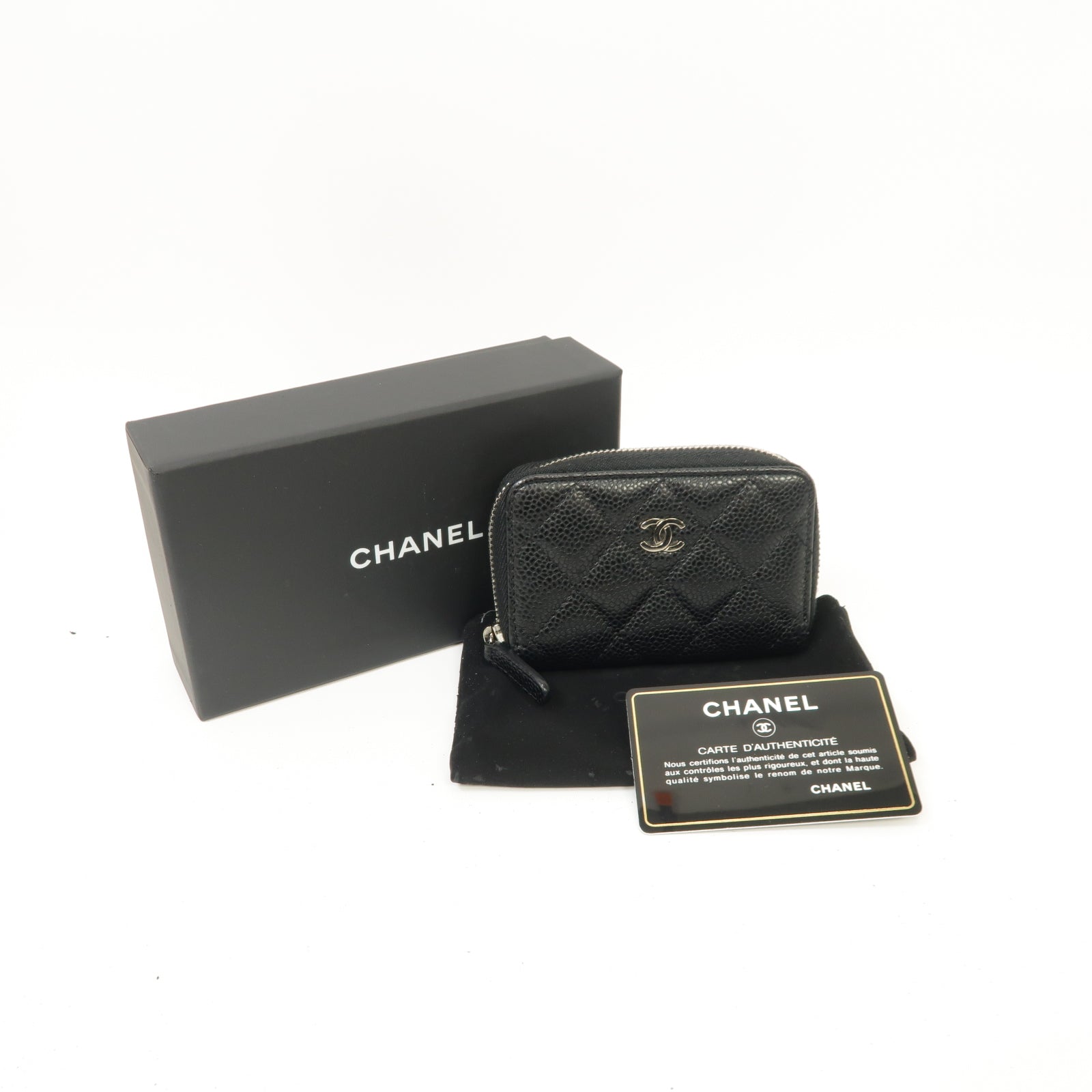 CHANEL 菱格Caviar皮革Coin Case銀扣零錢包黑色