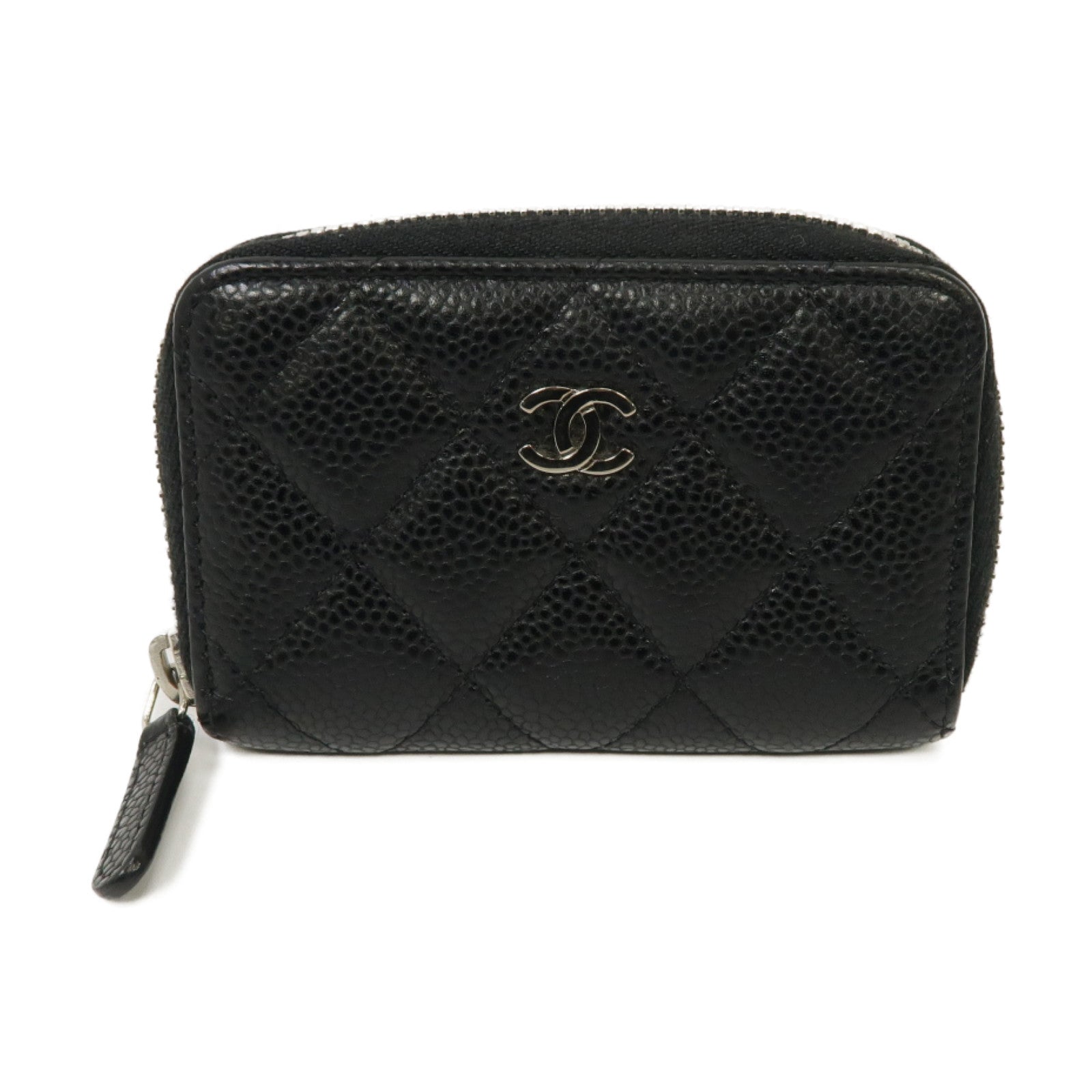 CHANEL 菱格Caviar皮革Coin Case銀扣零錢包黑色