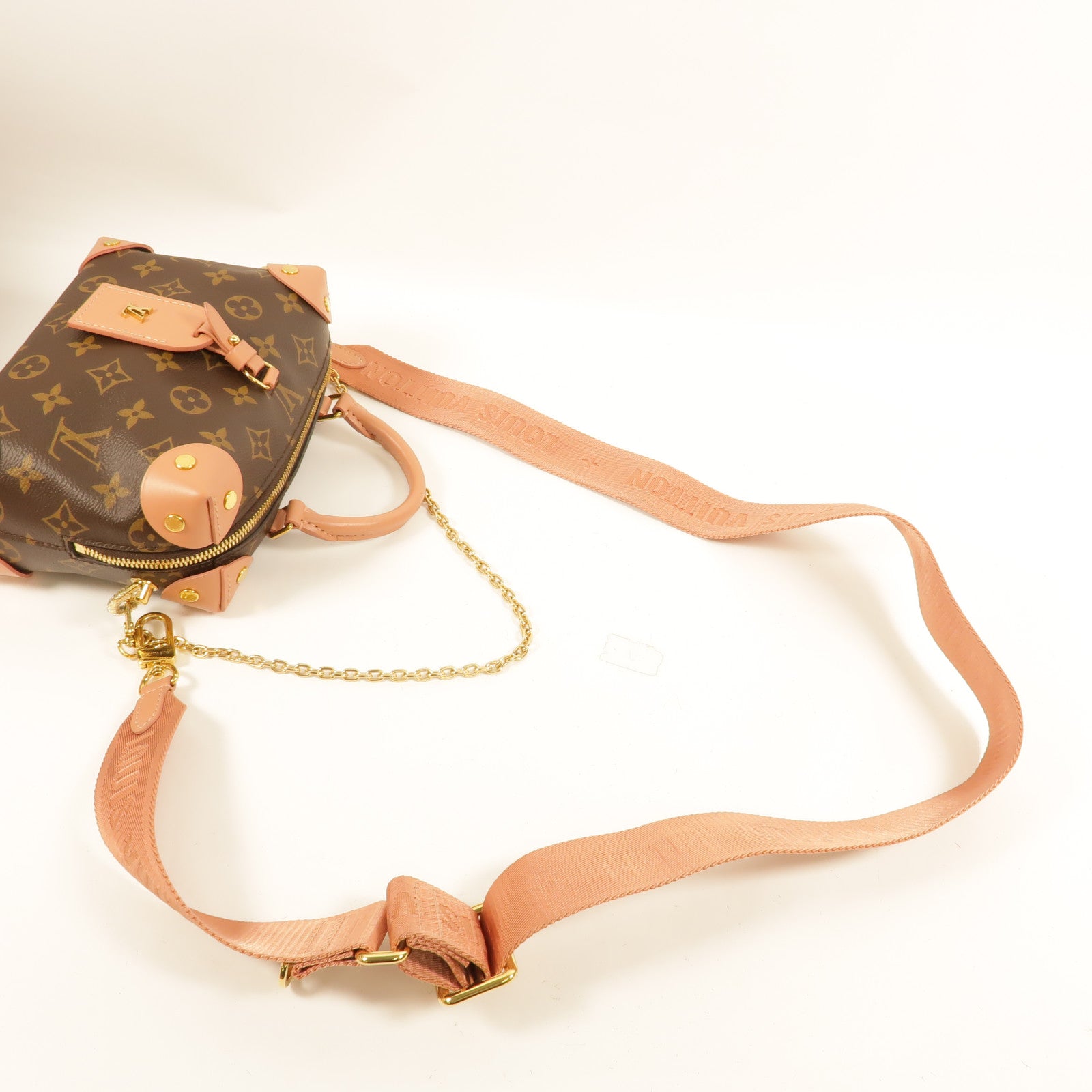 LOUIS VUITTON Monogram Petite Malle Souple金扣手挽肩背兩用袋棕色/粉紅色