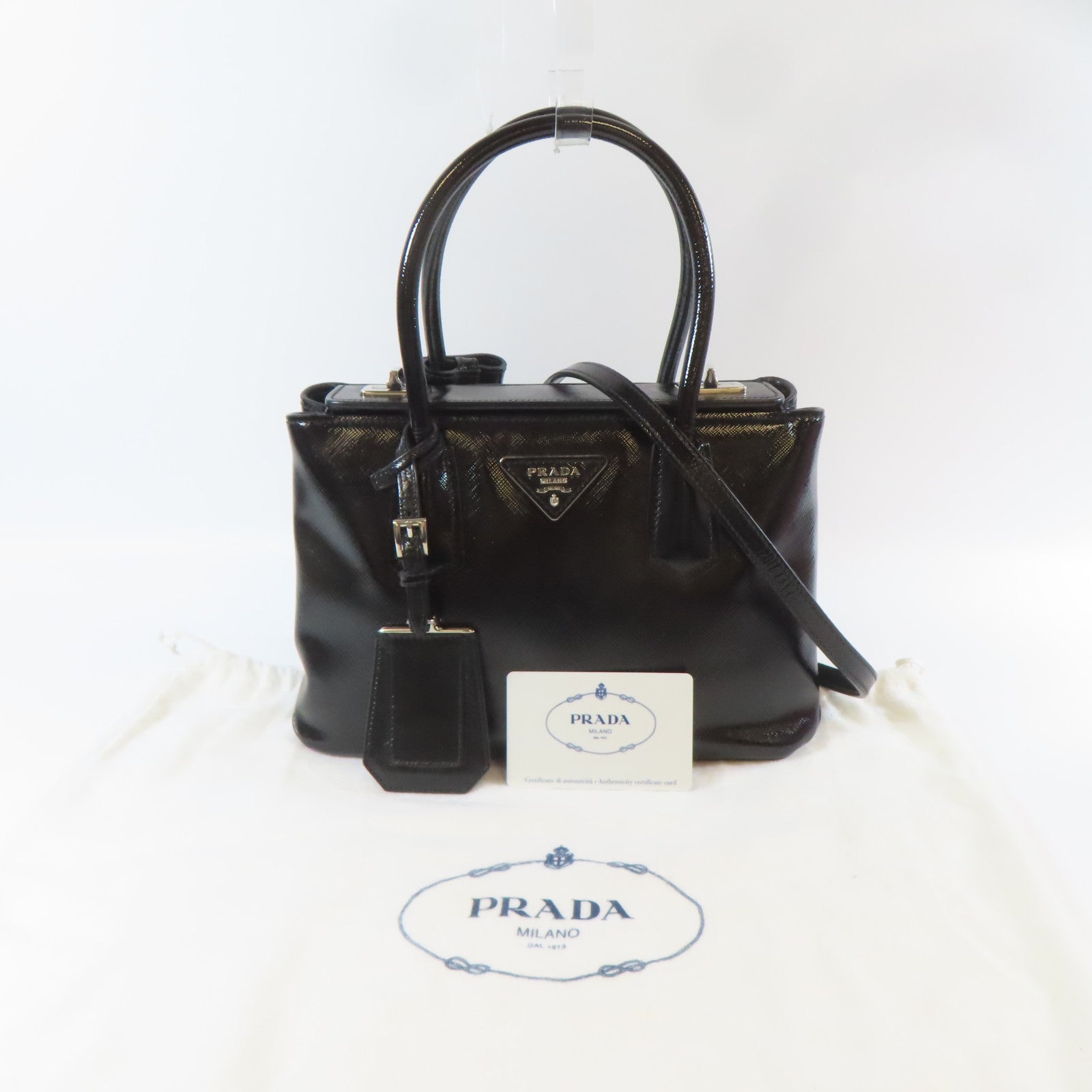 PRADA 牛皮皮革Saffiano Cuir Tote Handbag銀扣手挽肩背兩用袋黑色