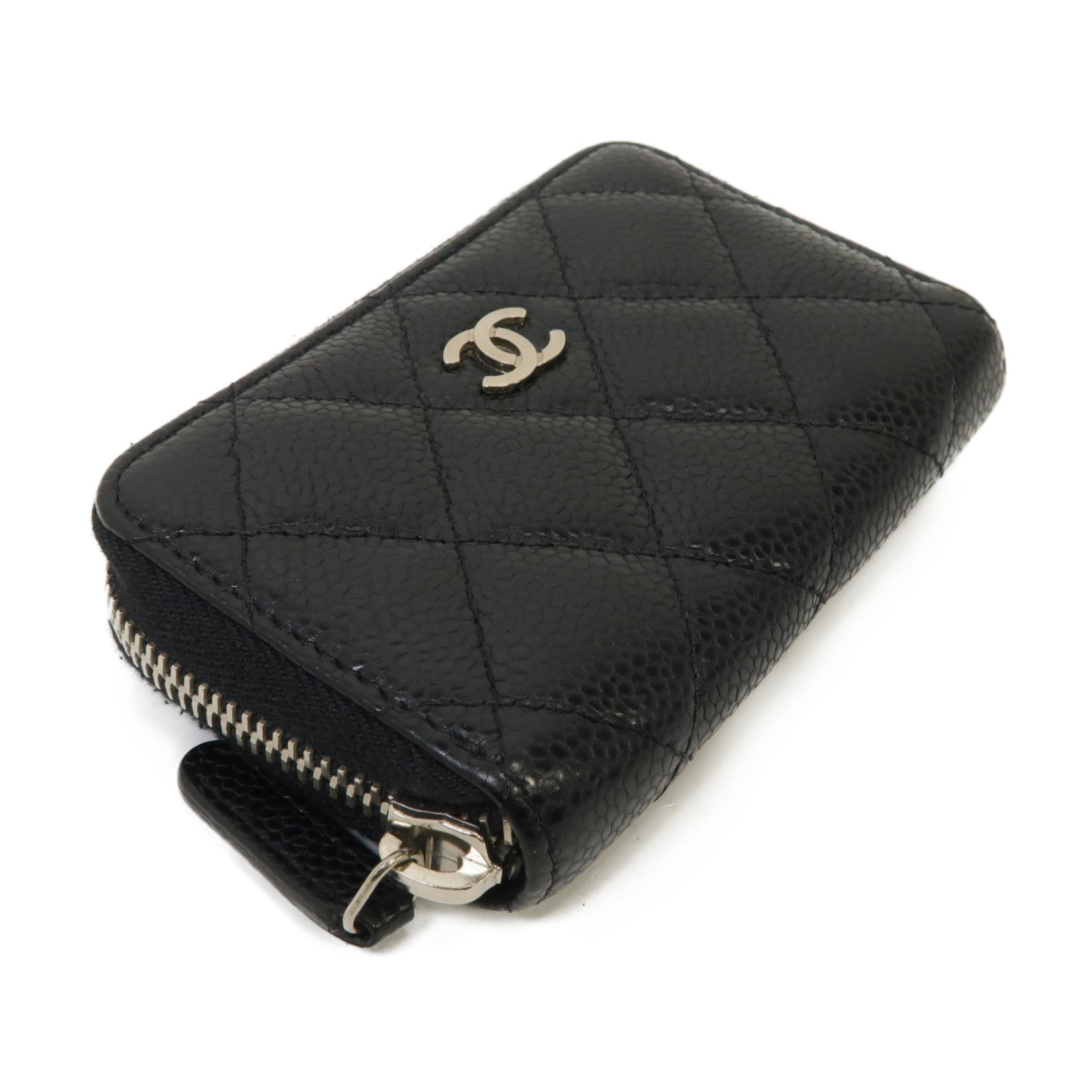 CHANEL 菱格Caviar皮革Coin Case銀扣零錢包黑色