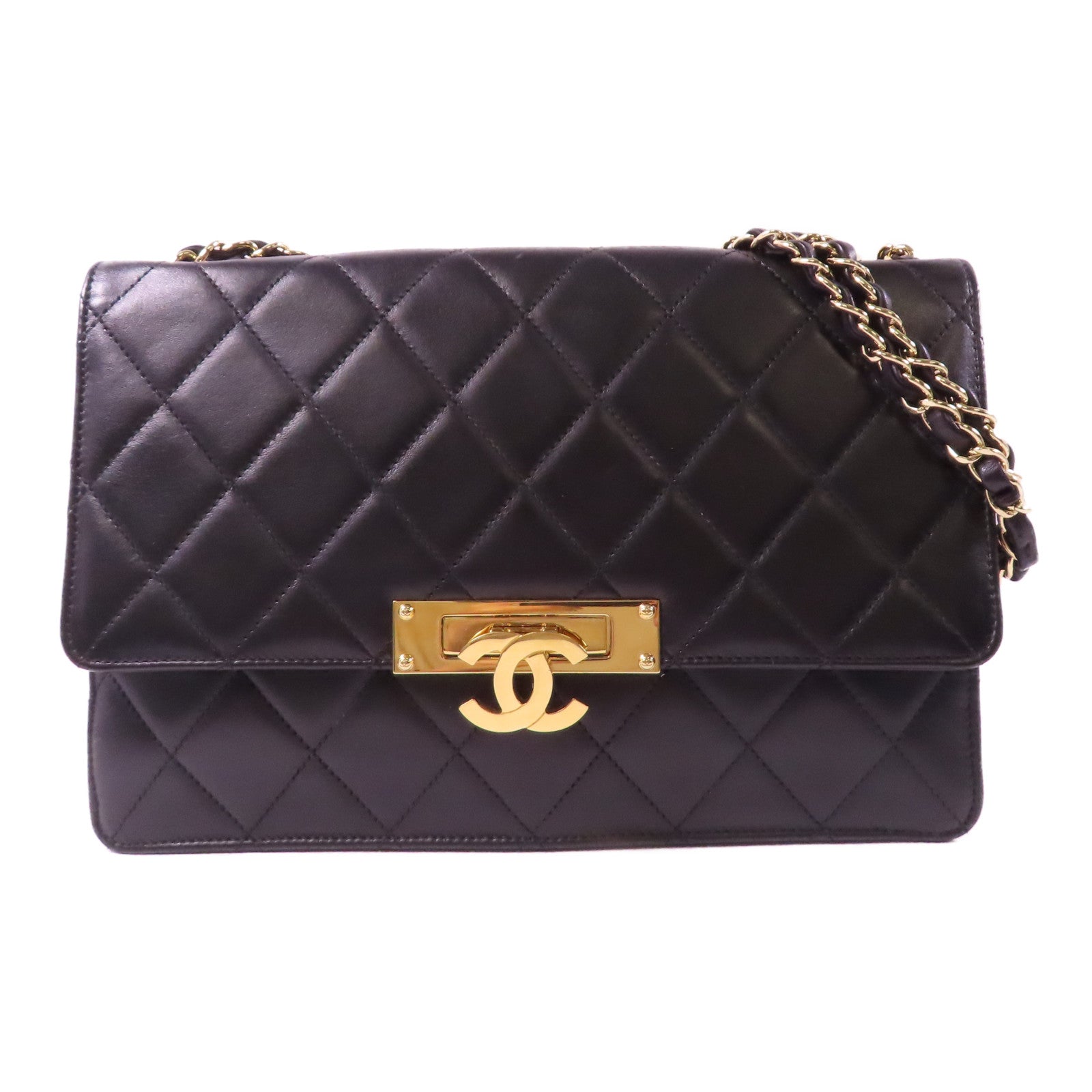 CHANEL 菱格羊皮皮革Chain Shoulder金扣鏈帶肩背袋黑色