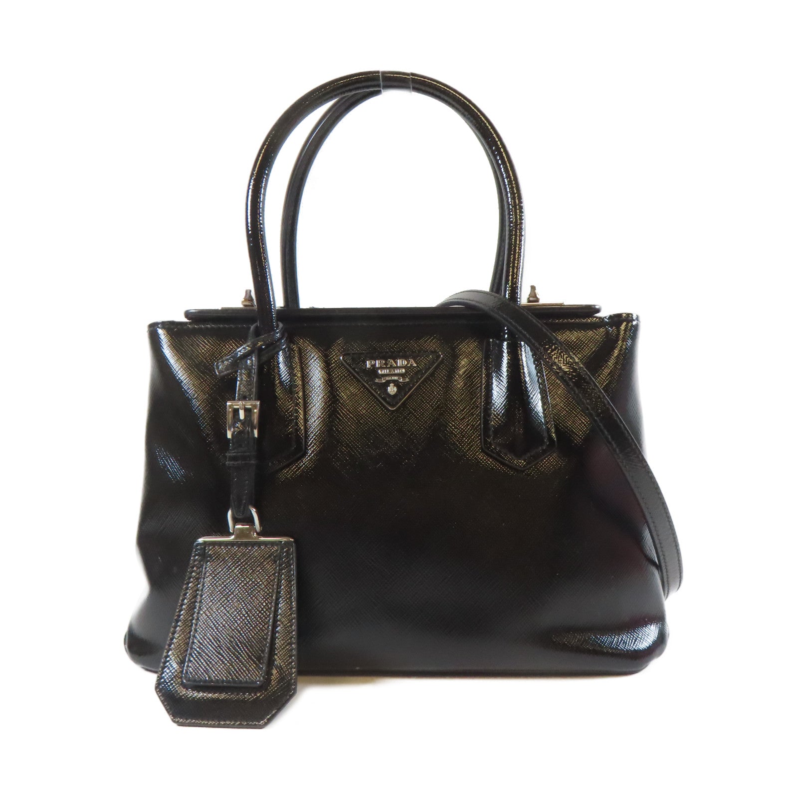PRADA 牛皮皮革Saffiano Cuir Tote Handbag銀扣手挽肩背兩用袋黑色