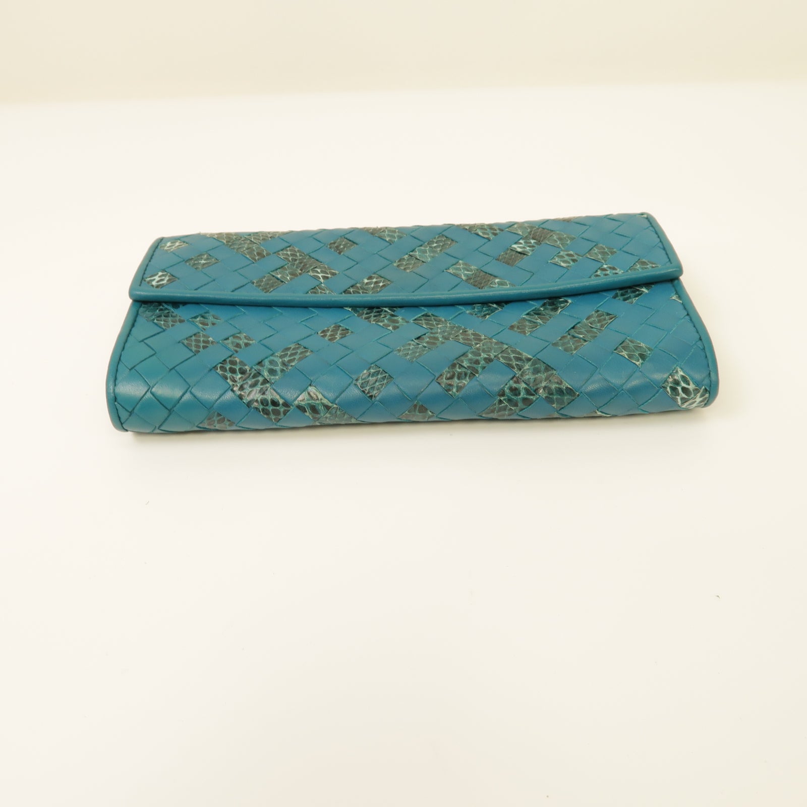 BOTTEGA VENETA 【激減優惠】蛇皮皮革/牛皮皮革Long Wallet銀扣長錢包藍色