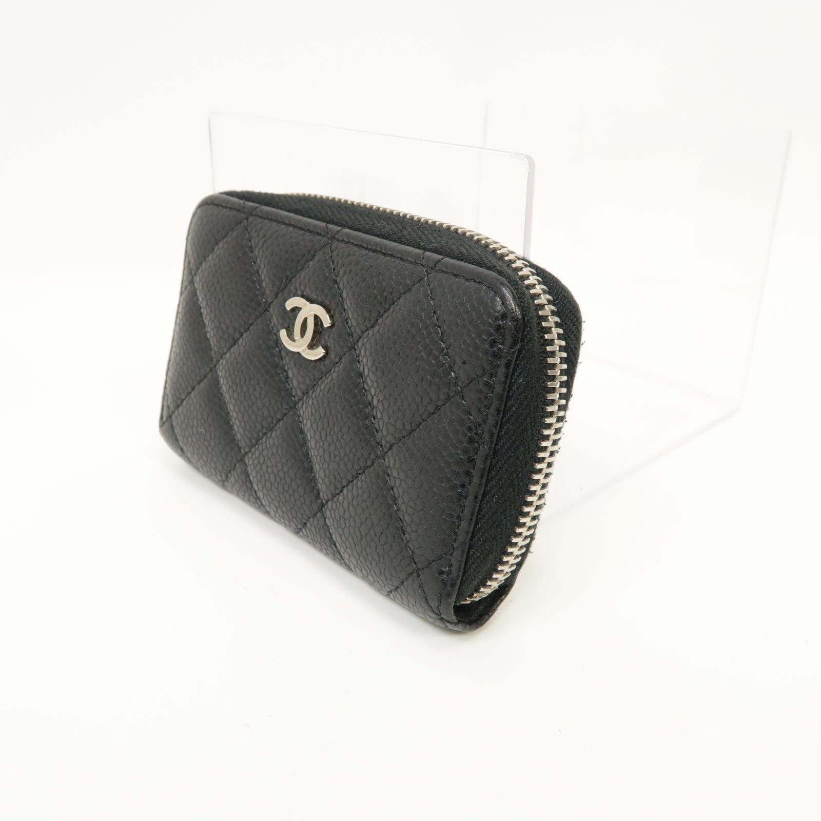 CHANEL 菱格Caviar皮革Coin Case銀扣零錢包黑色