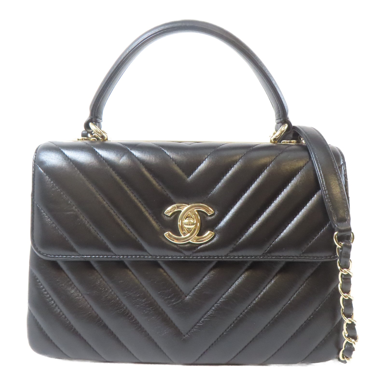CHANEL 斜紋羊皮皮革Trendy CC金扣鏈帶手挽肩背兩用袋黑色