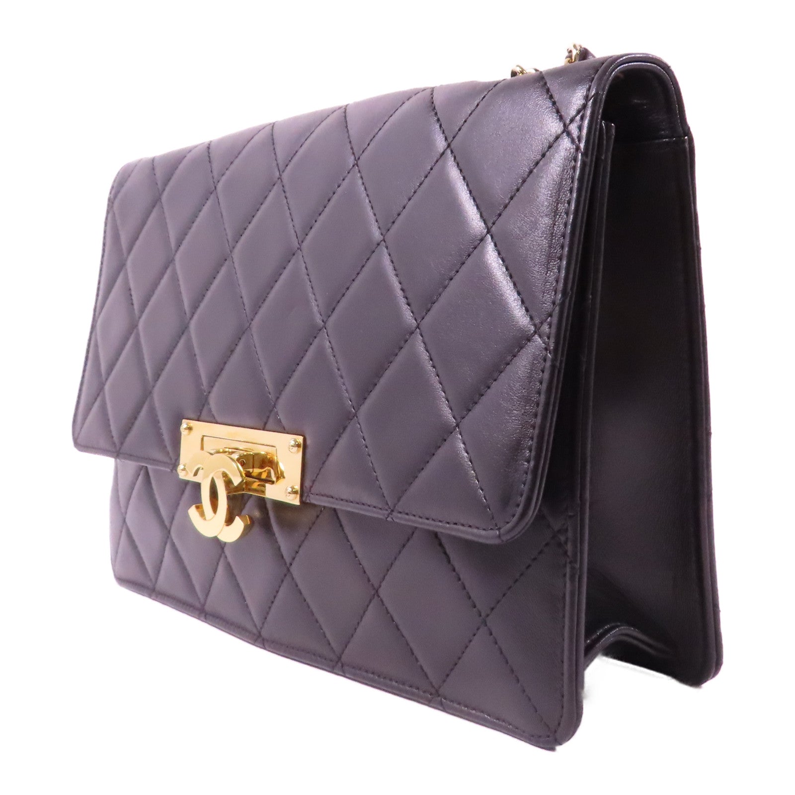 CHANEL 菱格羊皮皮革Chain Shoulder金扣鏈帶肩背袋黑色