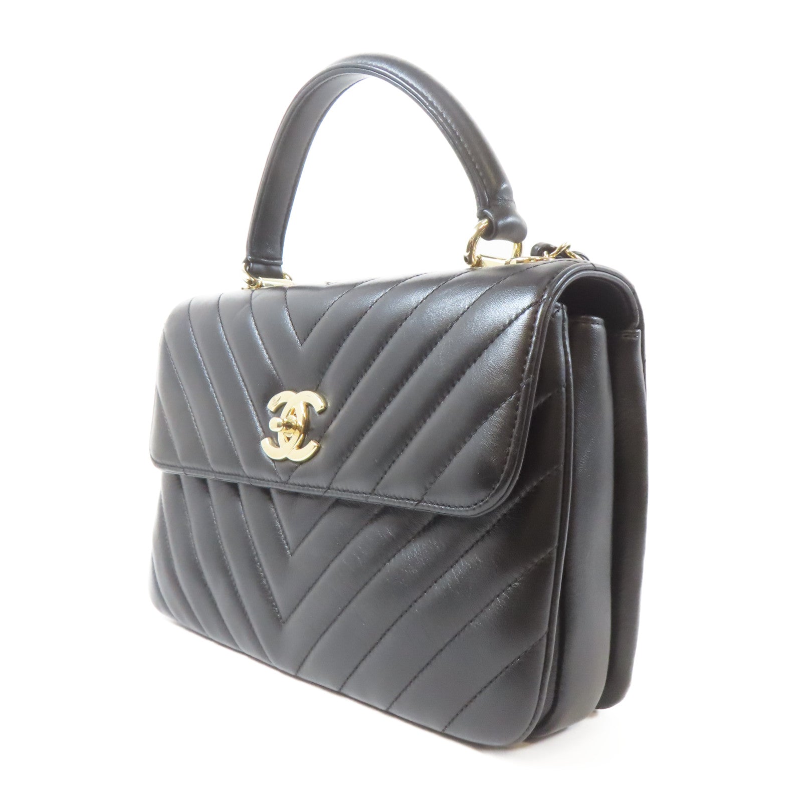 CHANEL 斜紋羊皮皮革Trendy CC金扣鏈帶手挽肩背兩用袋黑色