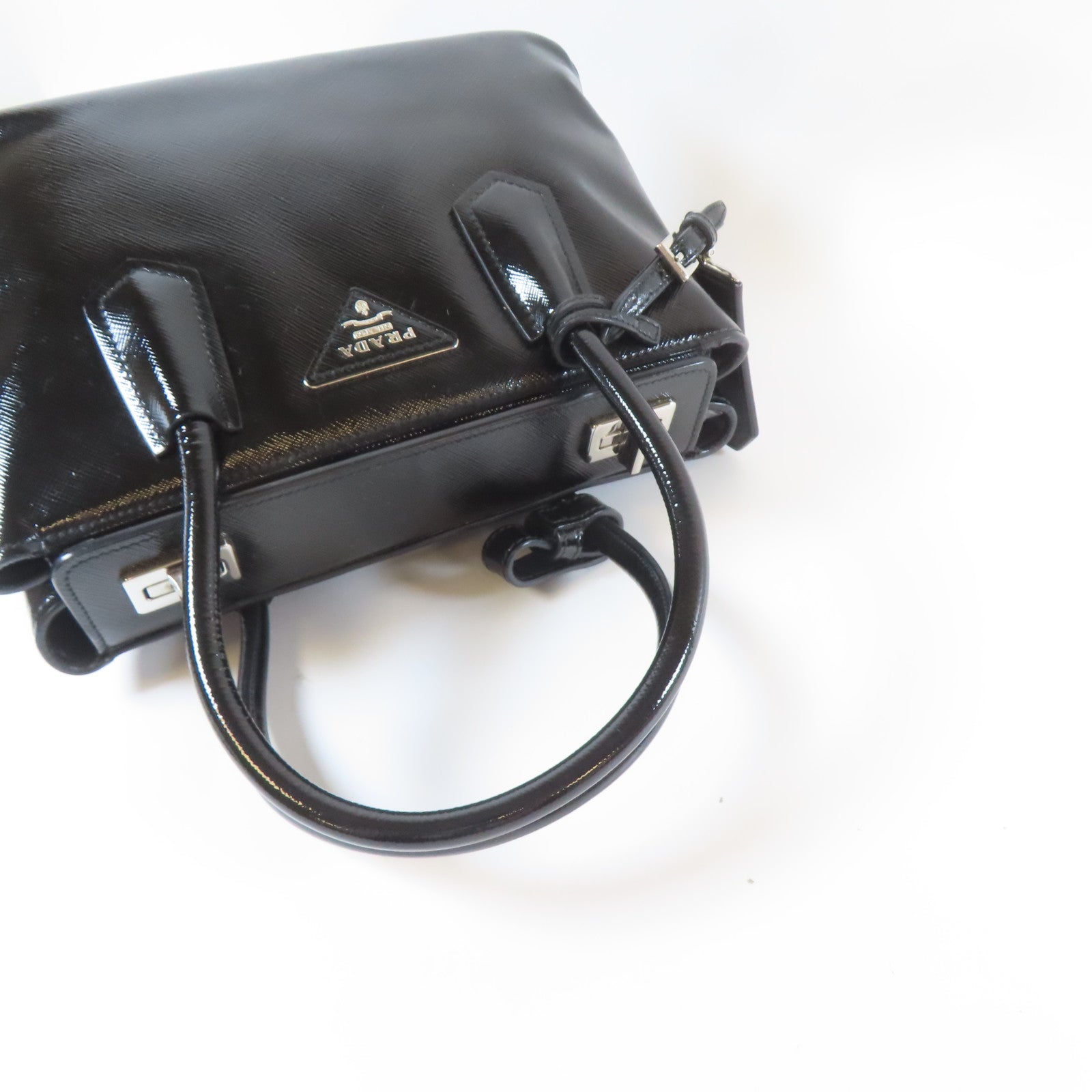 PRADA 牛皮皮革Saffiano Cuir Tote Handbag銀扣手挽肩背兩用袋黑色