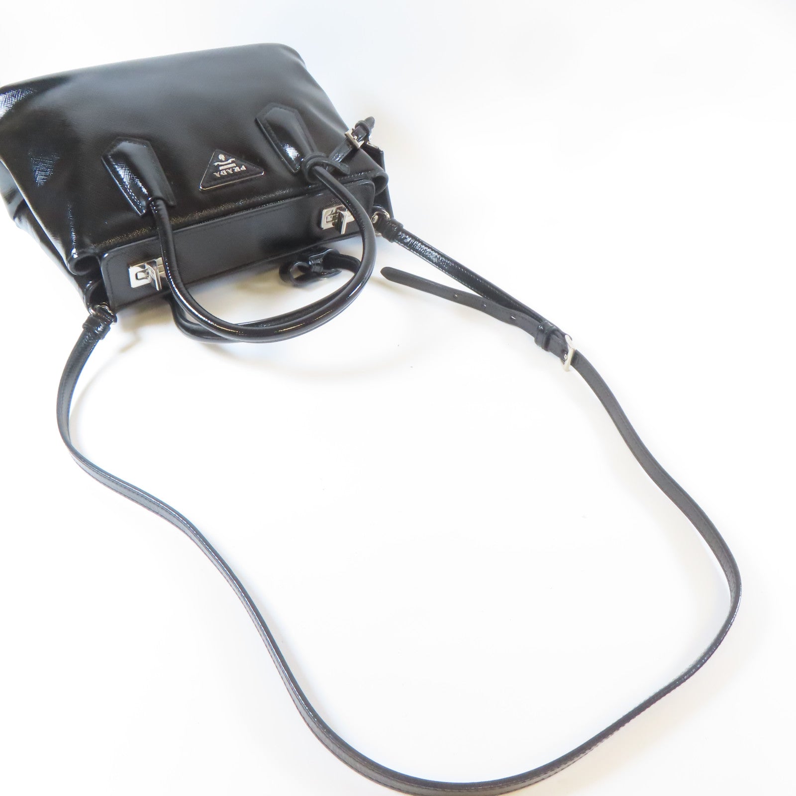 PRADA 牛皮皮革Saffiano Cuir Tote Handbag銀扣手挽肩背兩用袋黑色