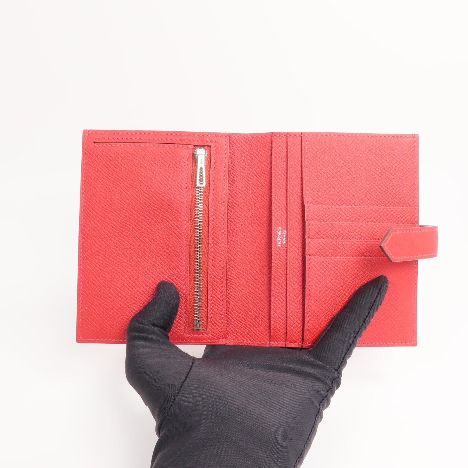 HERMES Epsom皮革Bearn Compact Wallet錢包Rouge Casaque