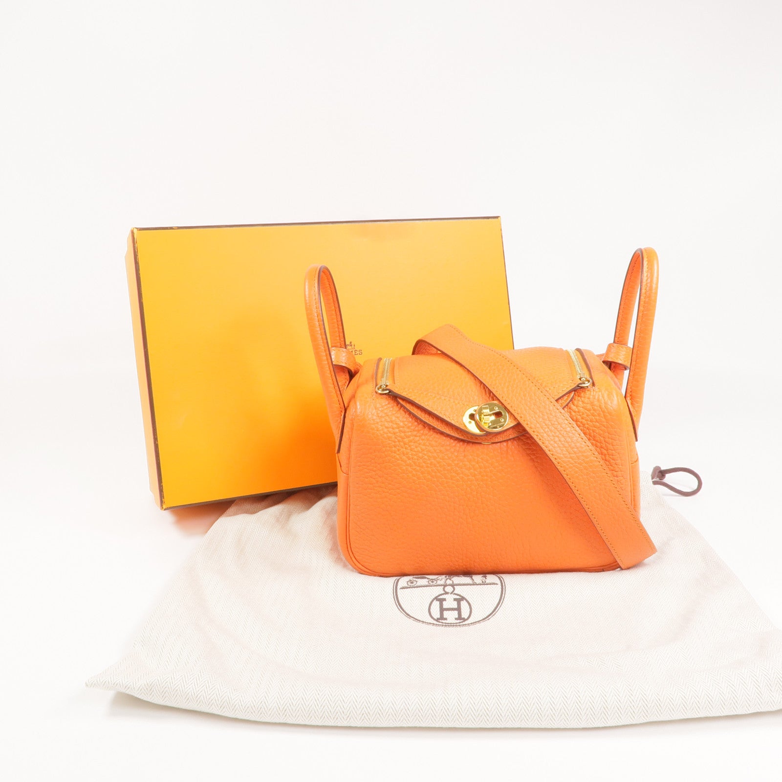 HERMES Togo皮革Mini Lindy金扣手挽肩背兩用袋Orange