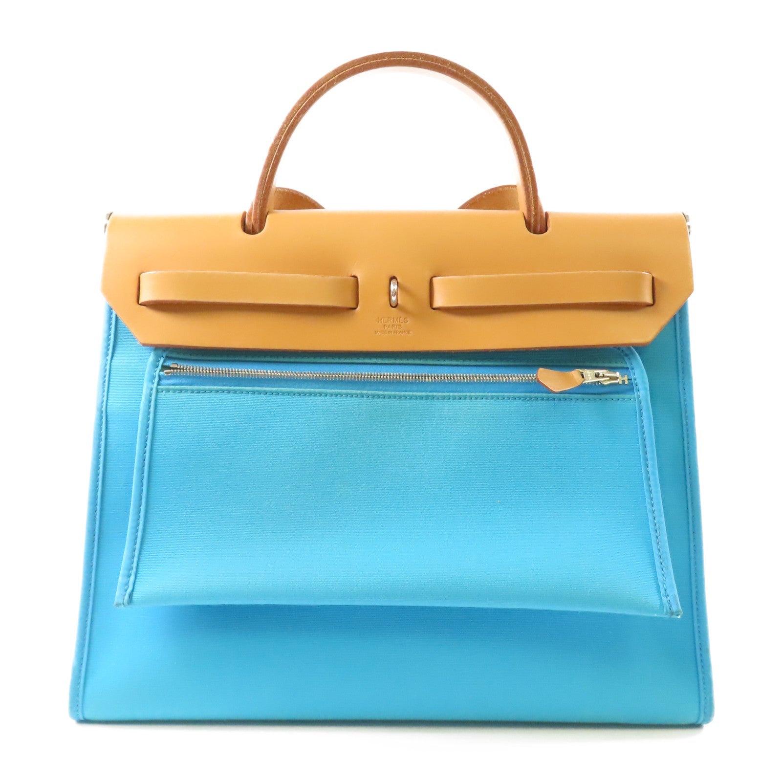 HERMES 帆布Herbag 31銀扣手挽肩背兩用袋Blue Azteque/Menthe