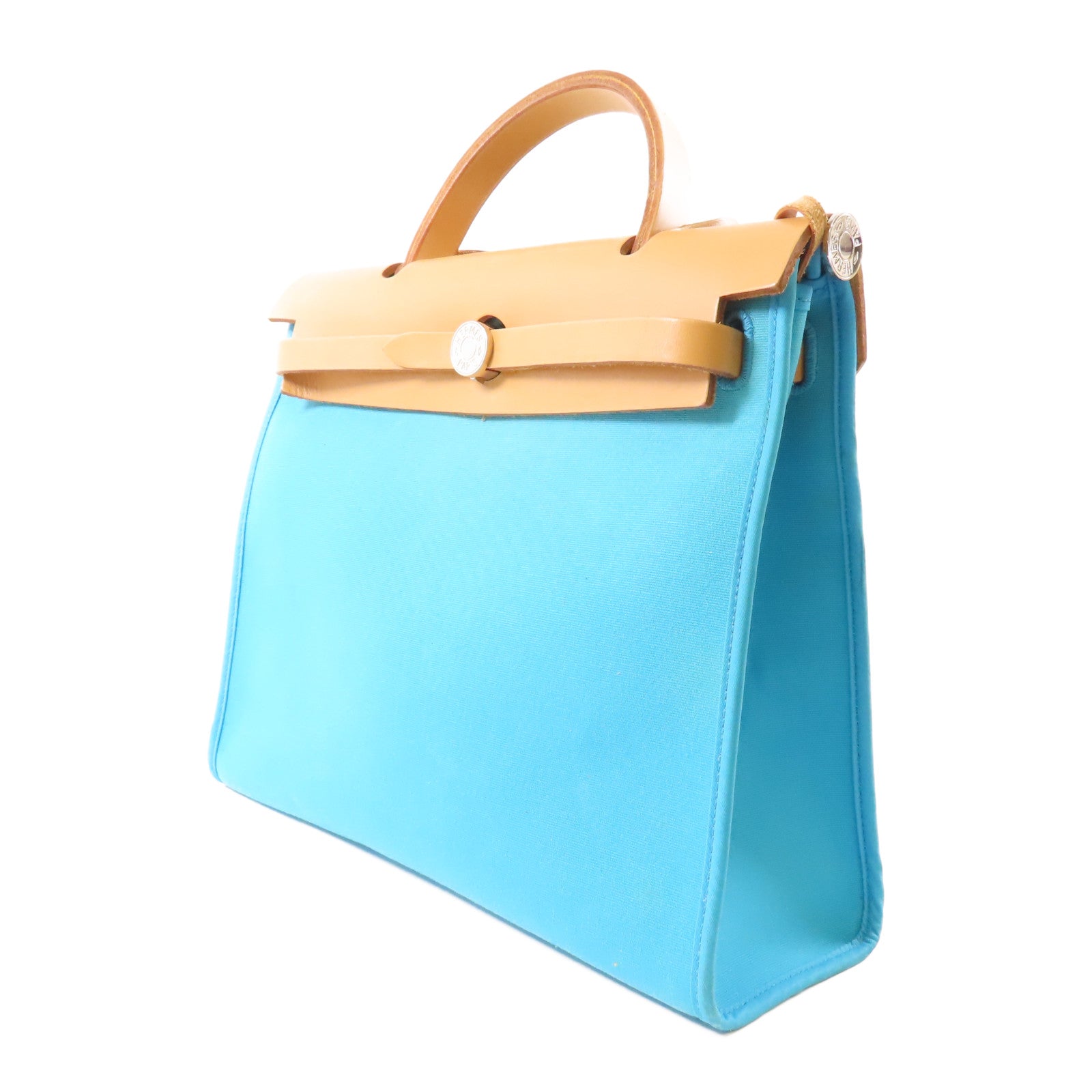 HERMES 帆布Herbag 31銀扣手挽肩背兩用袋Blue Azteque/Menthe
