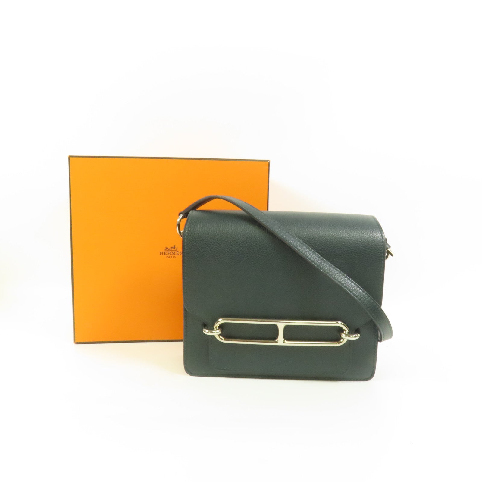 HERMES Evercolor皮革Roulis Mini銀扣肩背袋Vert Bosphore