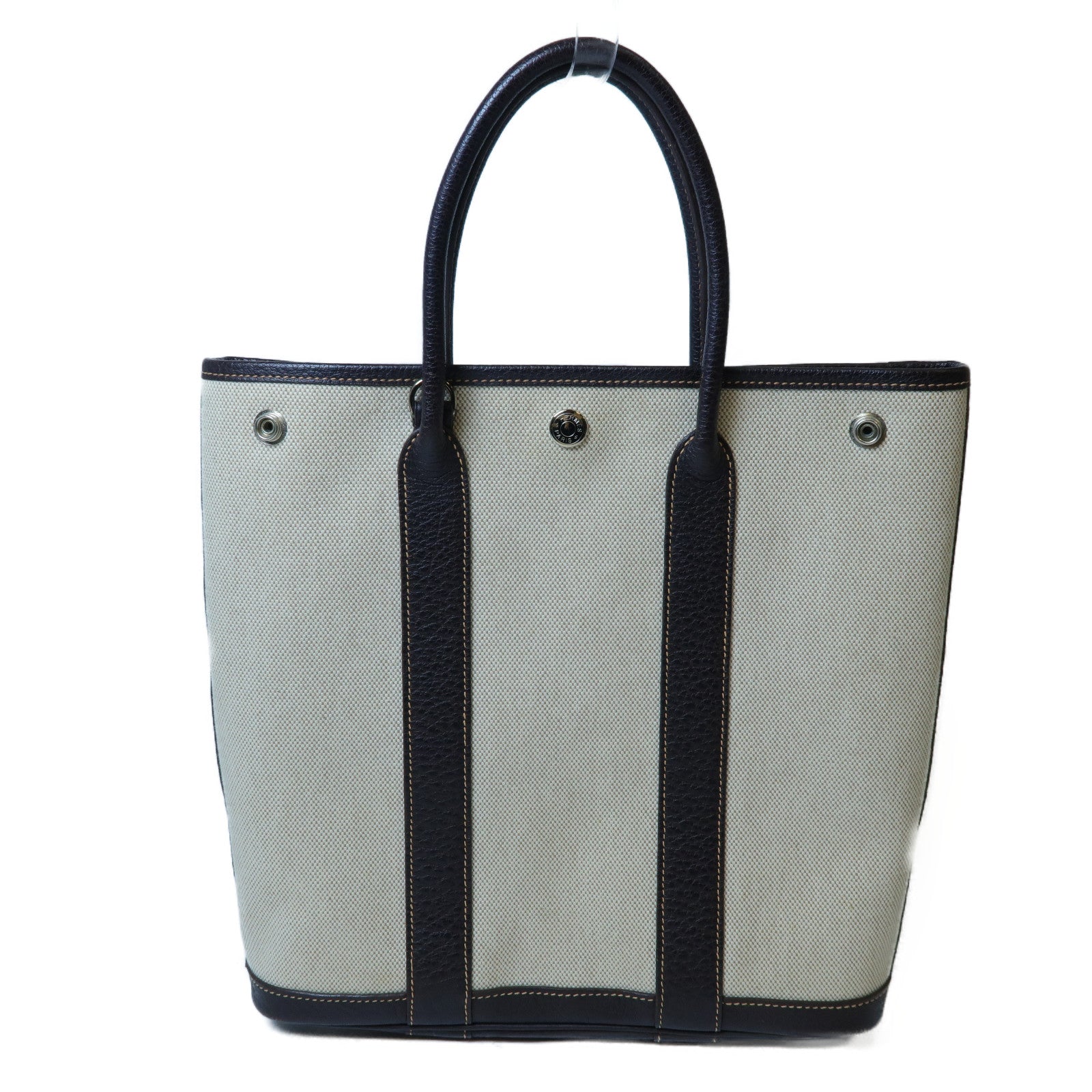 HERMES 帆布Garden File PM銀扣手挽袋淺褐色