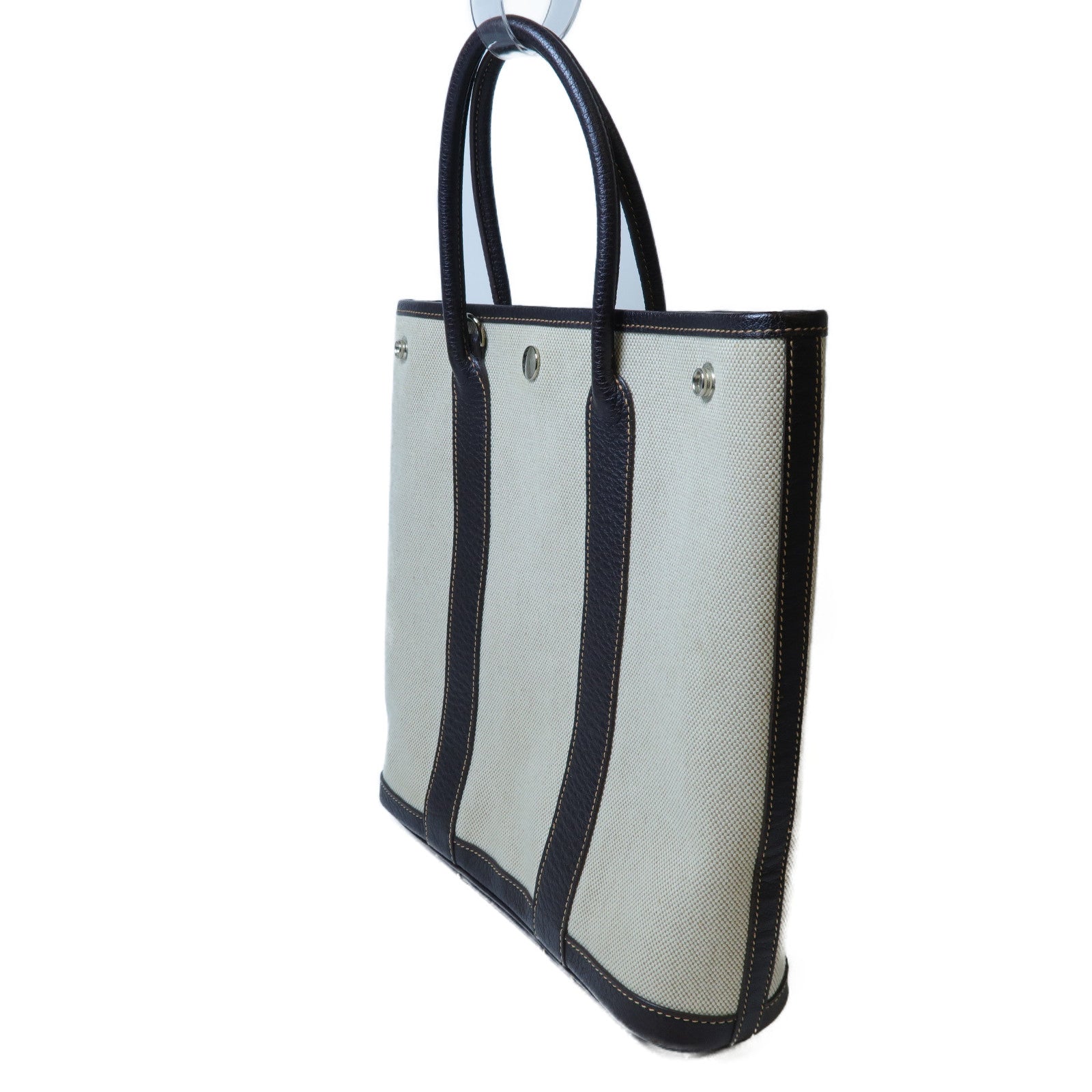 HERMES 帆布Garden File PM銀扣手挽袋淺褐色