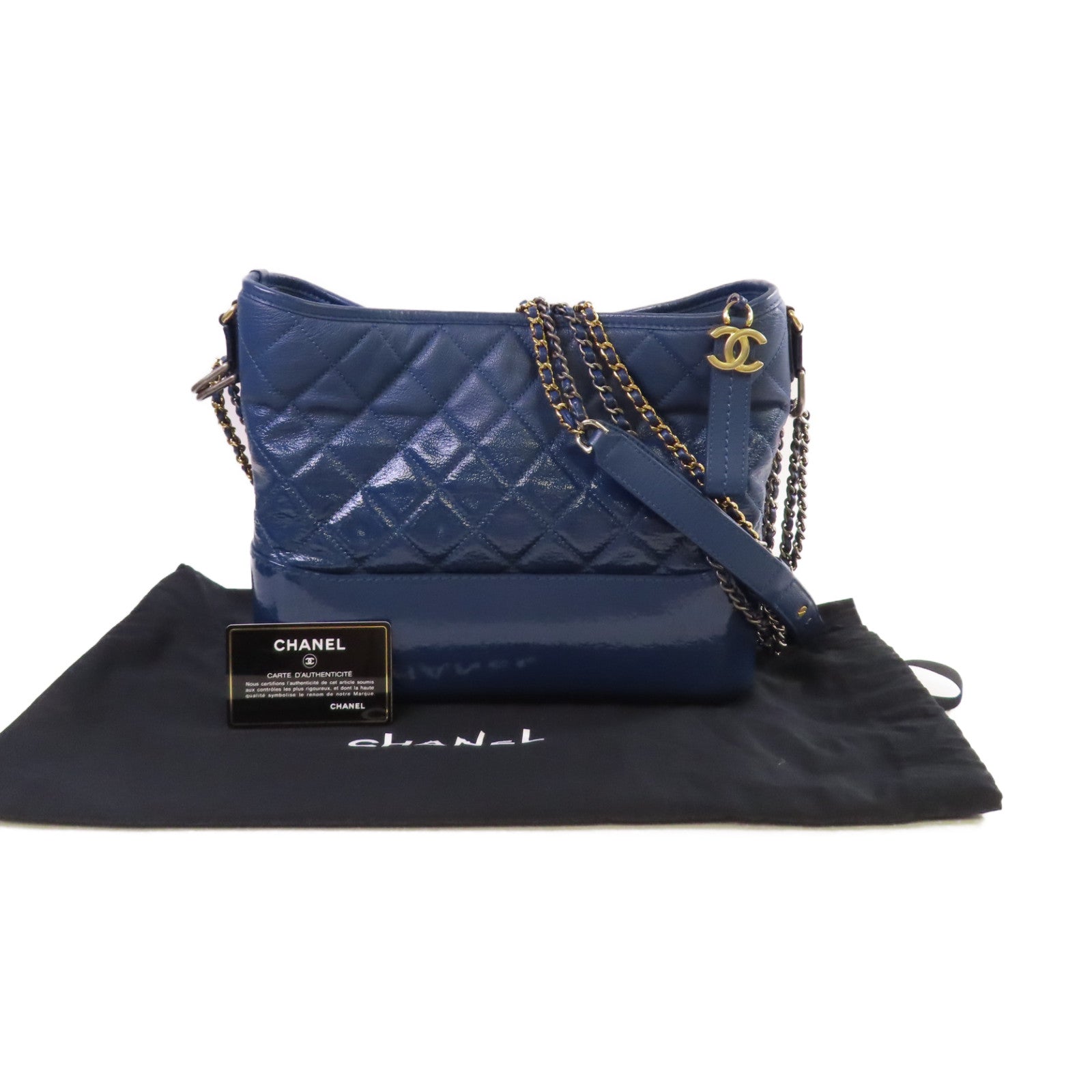 CHANEL 菱格牛皮皮革/漆皮皮革Gabrielle Medium Chain Shoulder Bag鏈帶肩背袋藍色