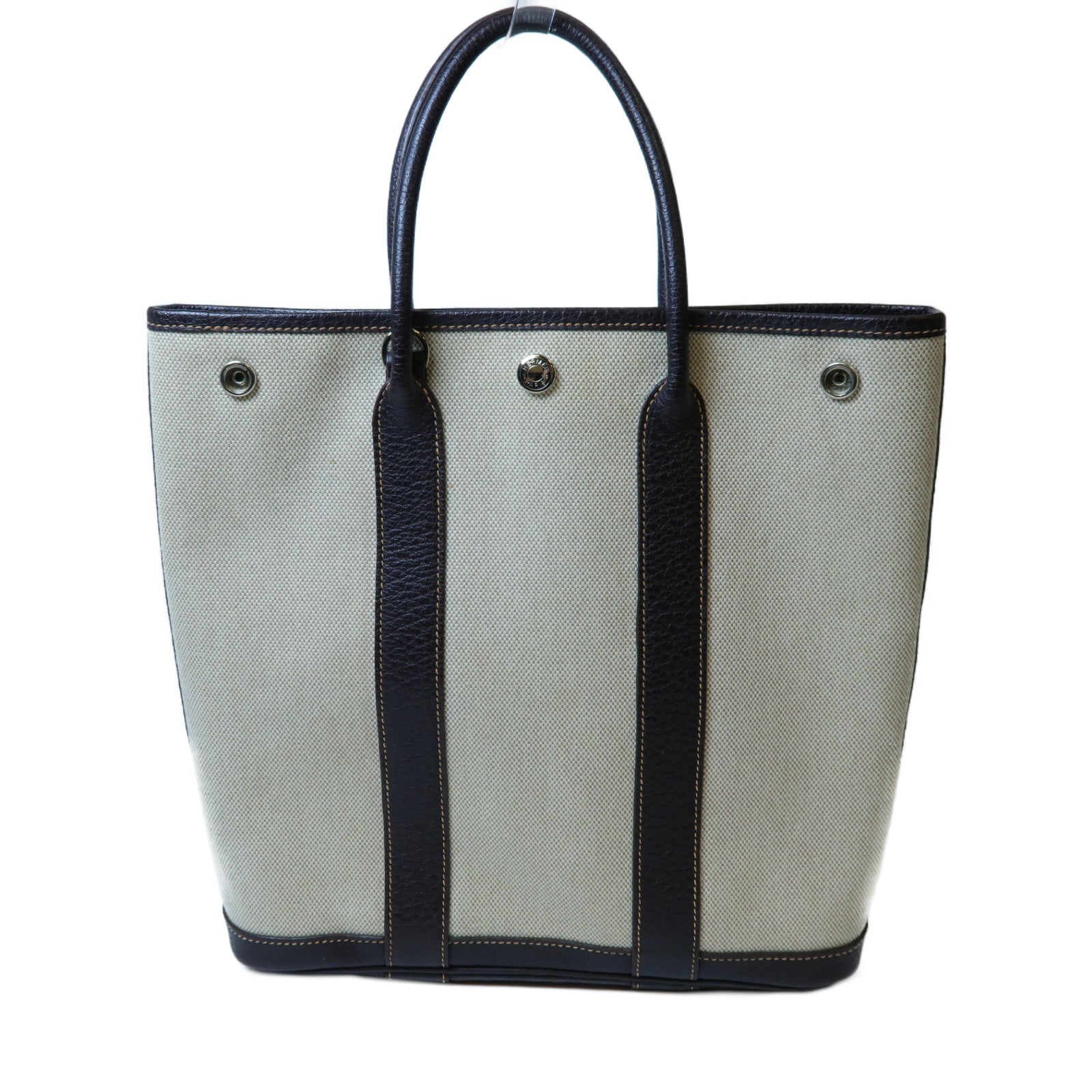HERMES 帆布Garden File PM銀扣手挽袋淺褐色