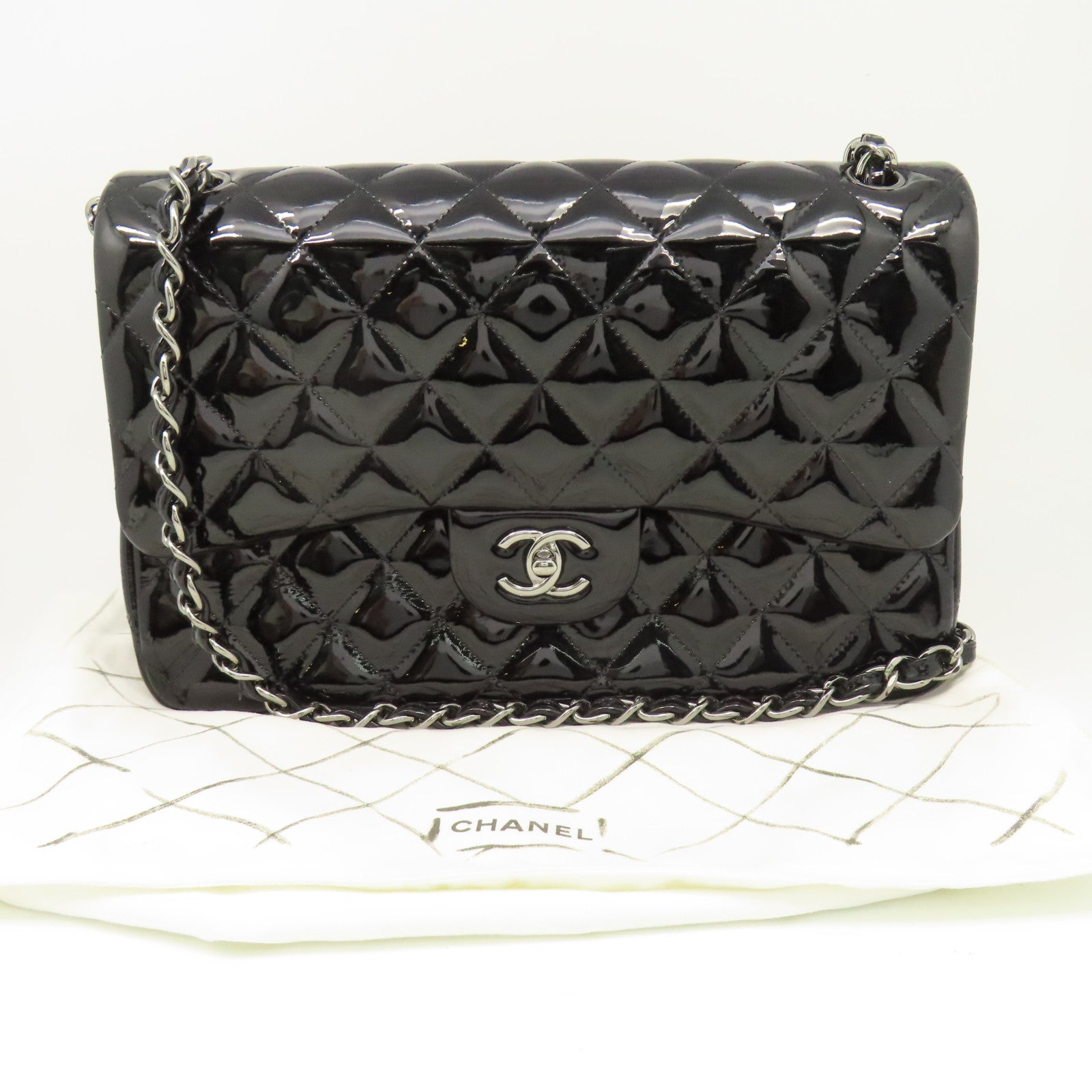 CHANEL 【激減優惠】菱格漆皮皮革Jumbo銀扣鏈帶肩背袋黑色