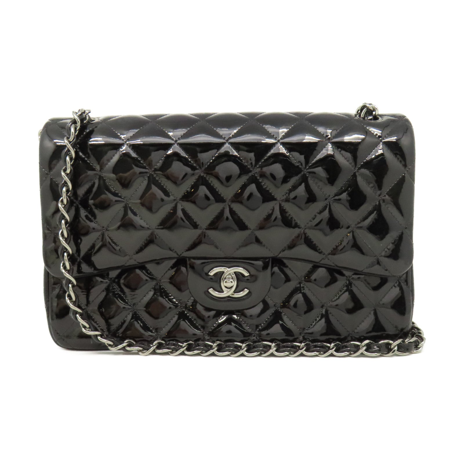 CHANEL 【激減優惠】菱格漆皮皮革Jumbo銀扣鏈帶肩背袋黑色