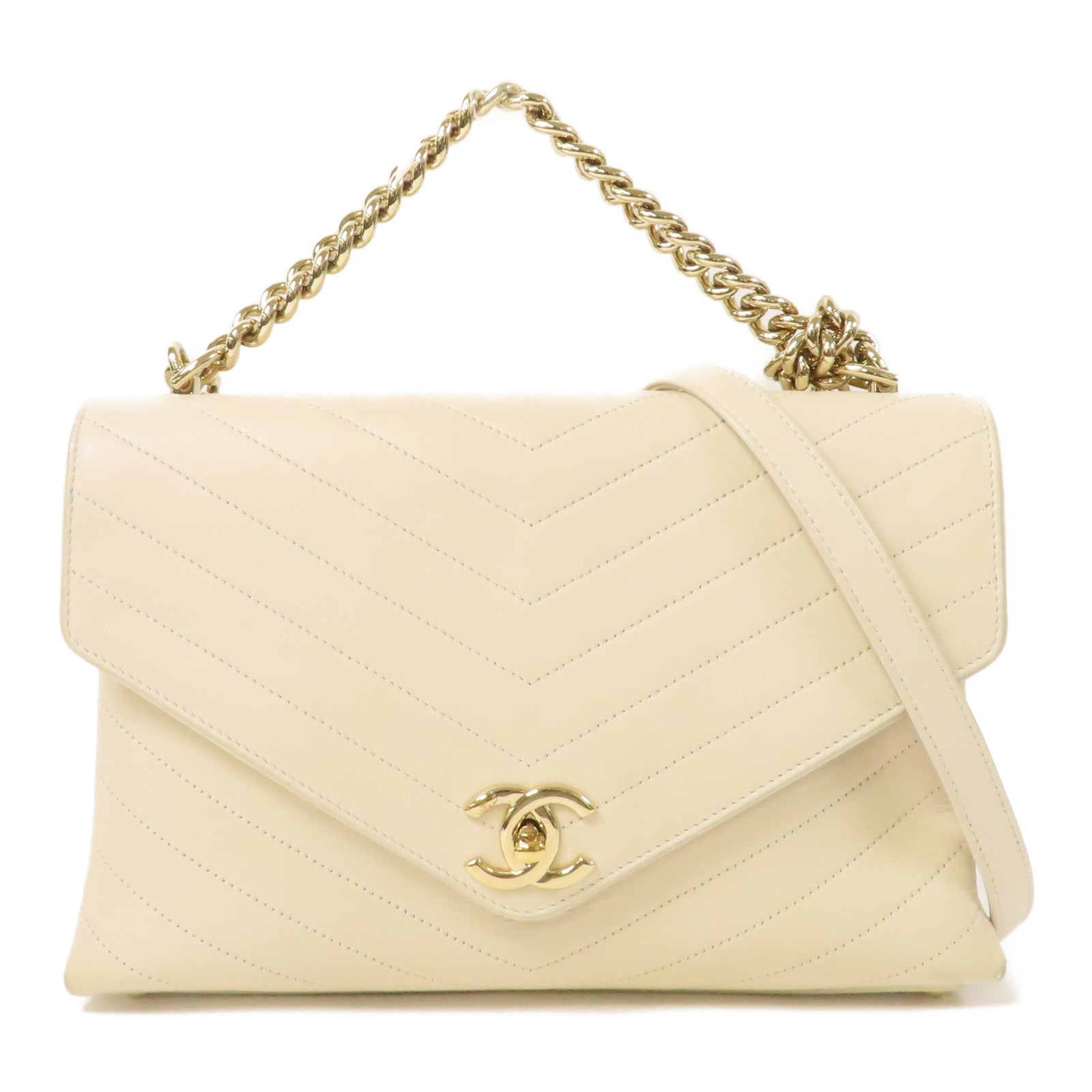 CHANEL 【激減優惠】斜紋牛皮皮革Chain Shoulder金扣手挽肩背兩用袋米色