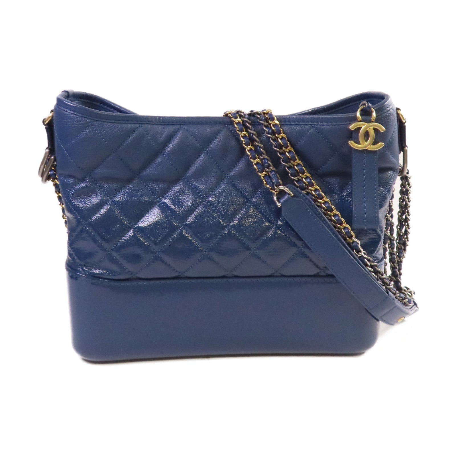 CHANEL 菱格牛皮皮革/漆皮皮革Gabrielle Medium Chain Shoulder Bag鏈帶肩背袋藍色