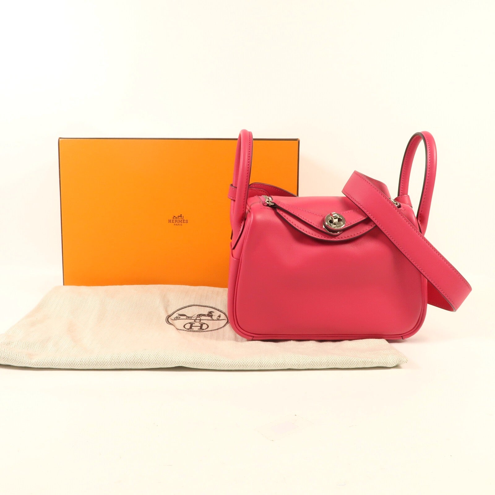 HERMES Swift皮革Mini Lindy銀扣手挽肩背兩用袋Rose Mexico