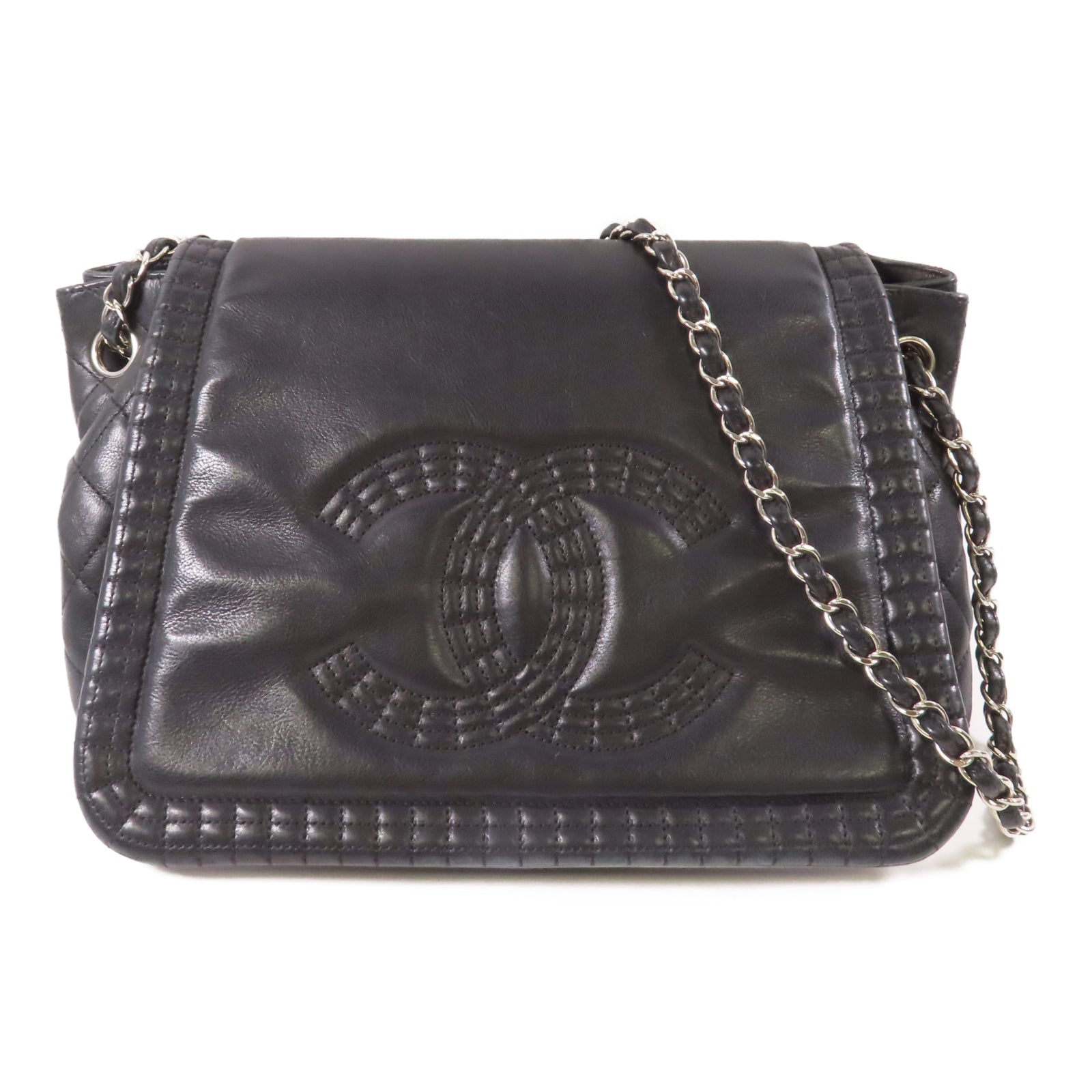 CHANEL 【激減優惠】牛皮皮革Chain Shoulder銀扣鏈帶肩背袋黑色