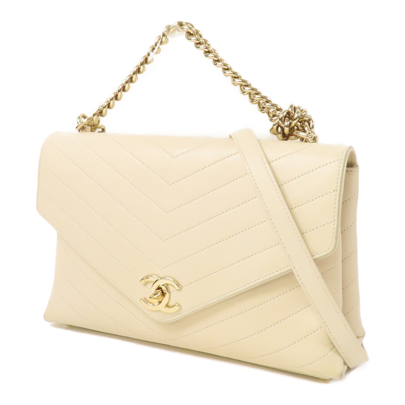 CHANEL 【激減優惠】斜紋牛皮皮革Chain Shoulder金扣手挽肩背兩用袋米色