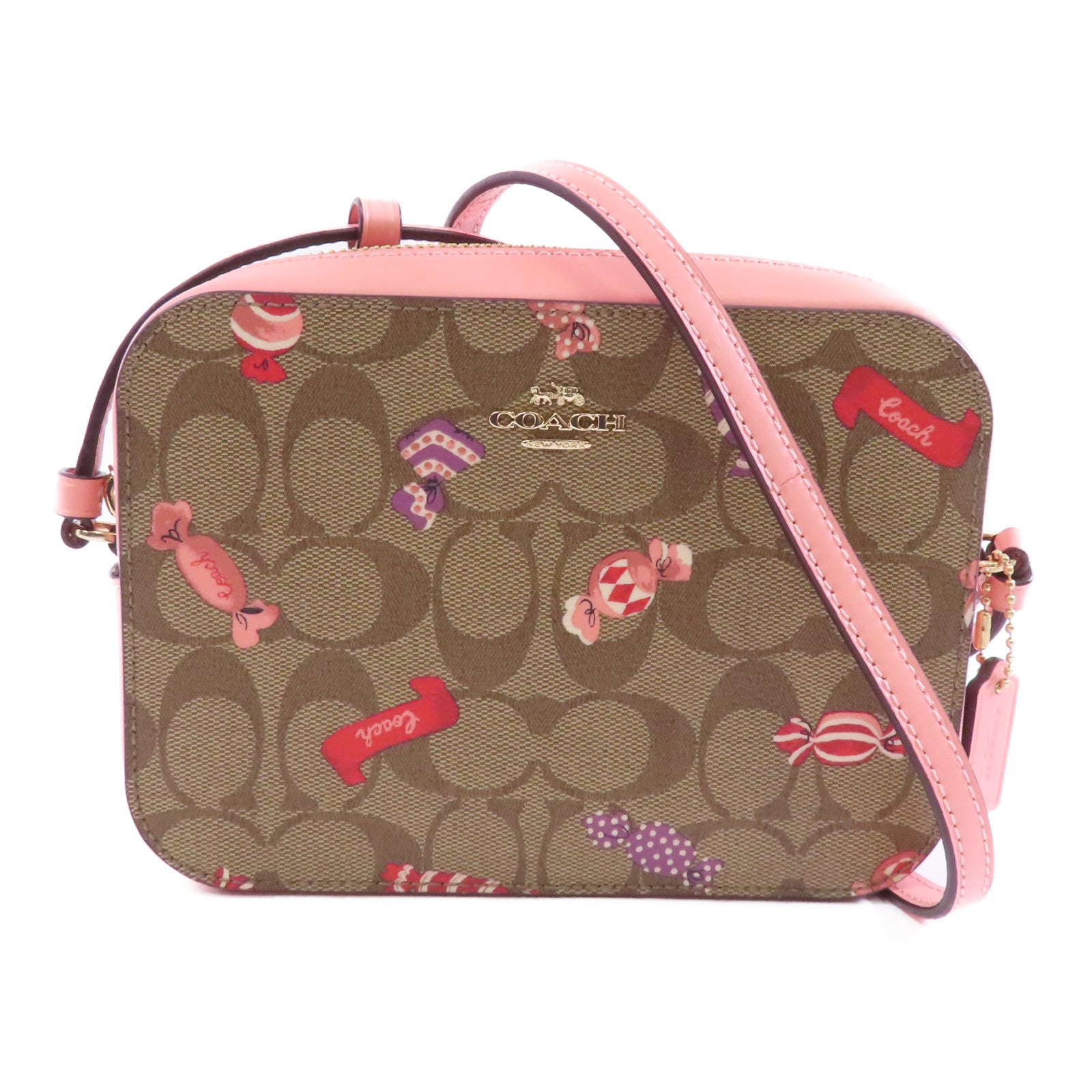 COACH 塗層帆布Mini Camera Bag金扣肩背袋粉紅色/棕色