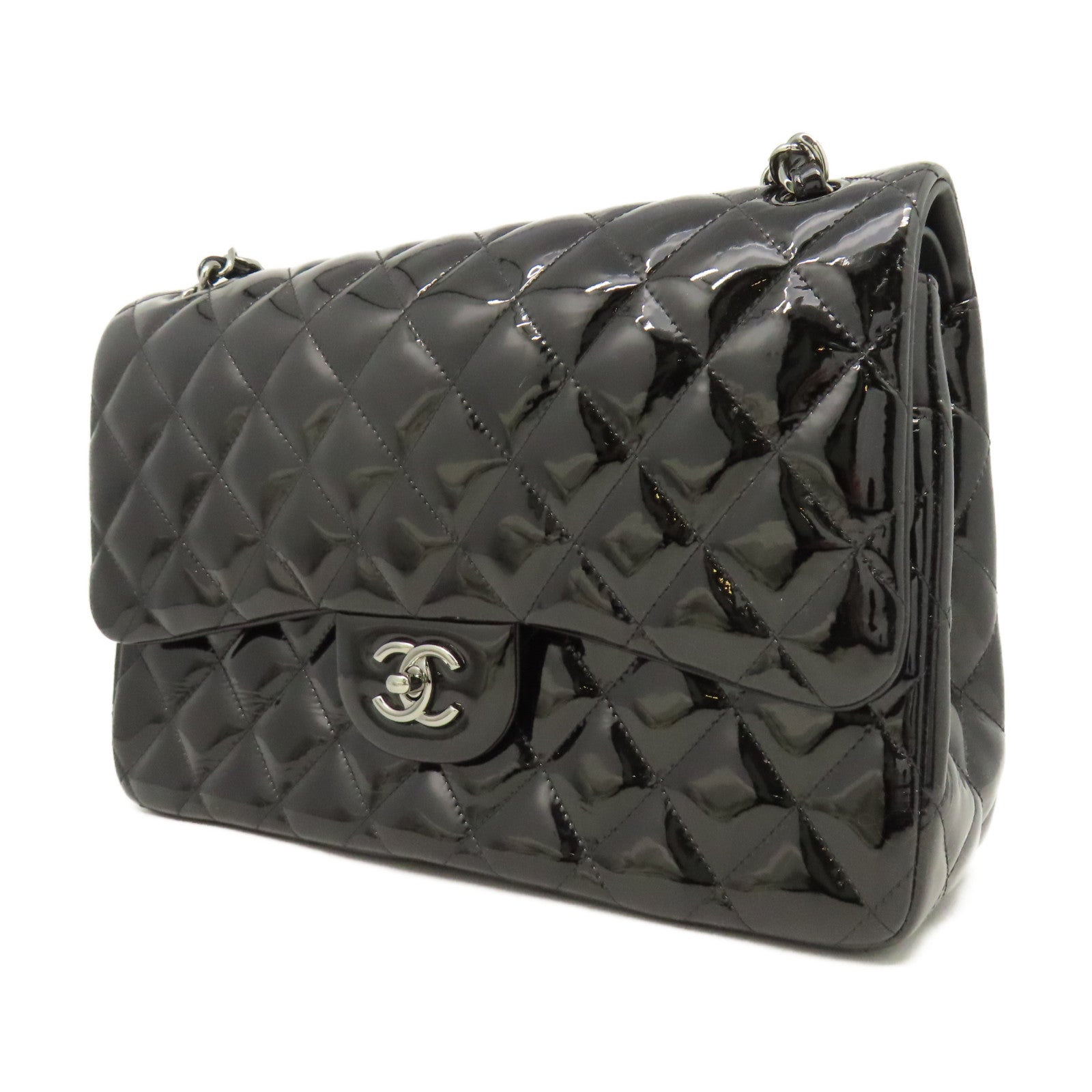 CHANEL 【激減優惠】菱格漆皮皮革Jumbo銀扣鏈帶肩背袋黑色