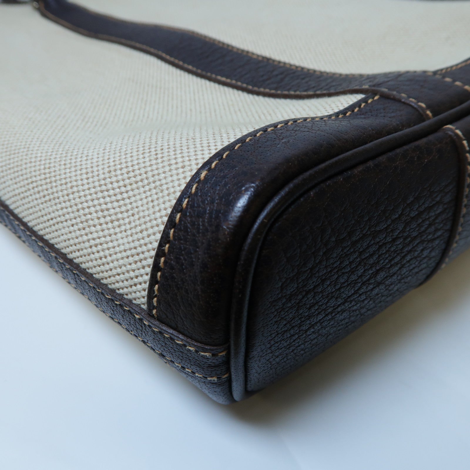 HERMES 帆布Garden File PM銀扣手挽袋淺褐色