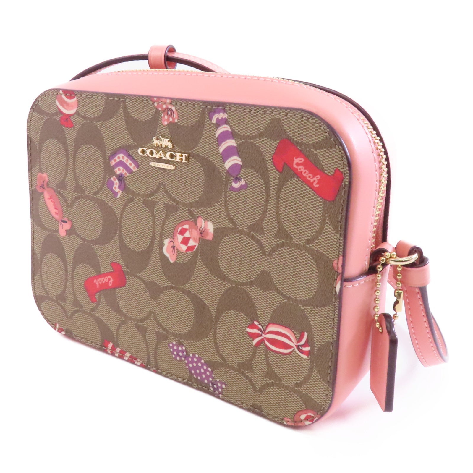 COACH 塗層帆布Mini Camera Bag金扣肩背袋粉紅色/棕色