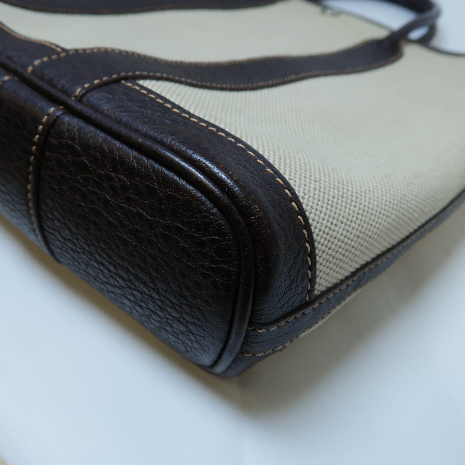 HERMES 帆布Garden File PM銀扣手挽袋淺褐色
