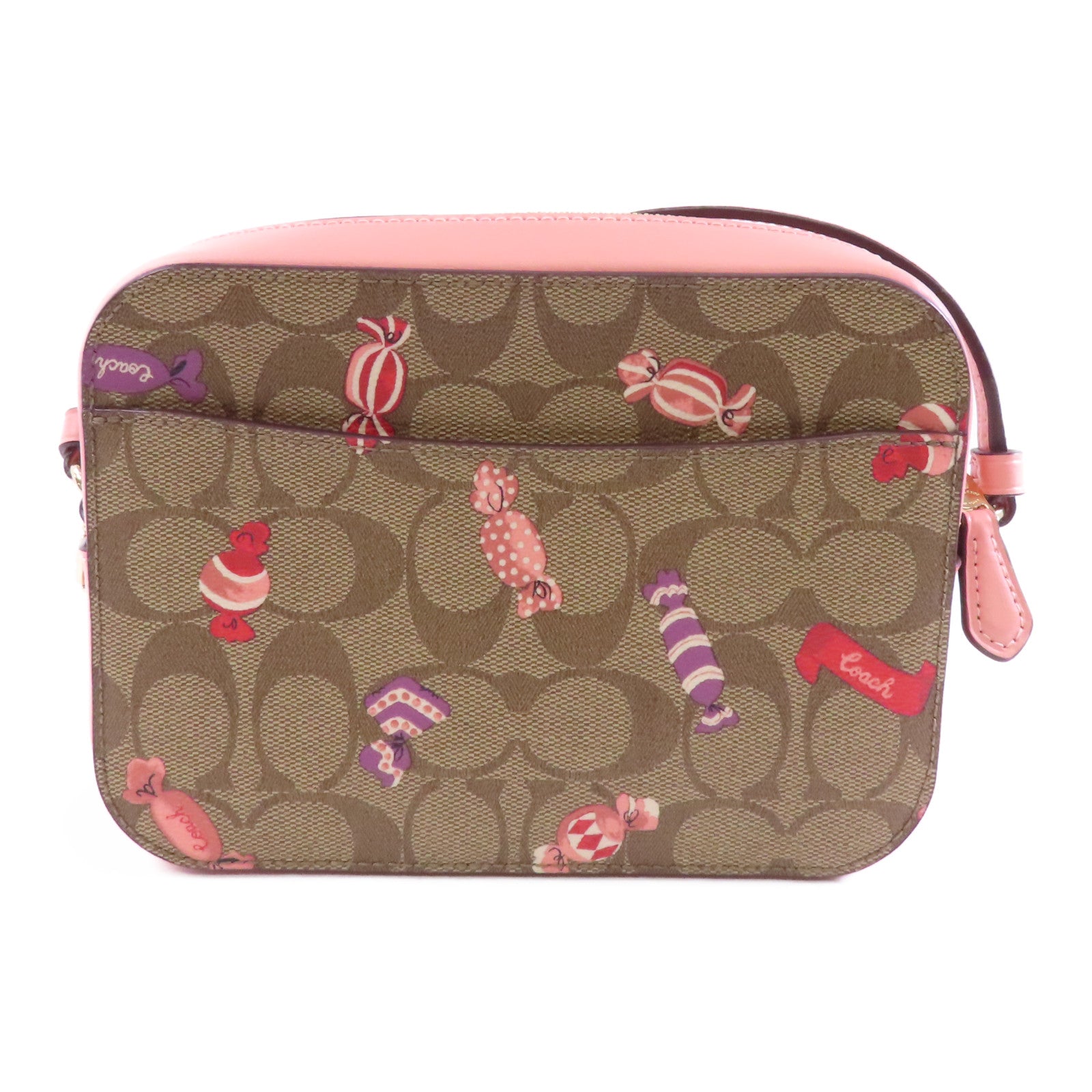 COACH 塗層帆布Mini Camera Bag金扣肩背袋粉紅色/棕色