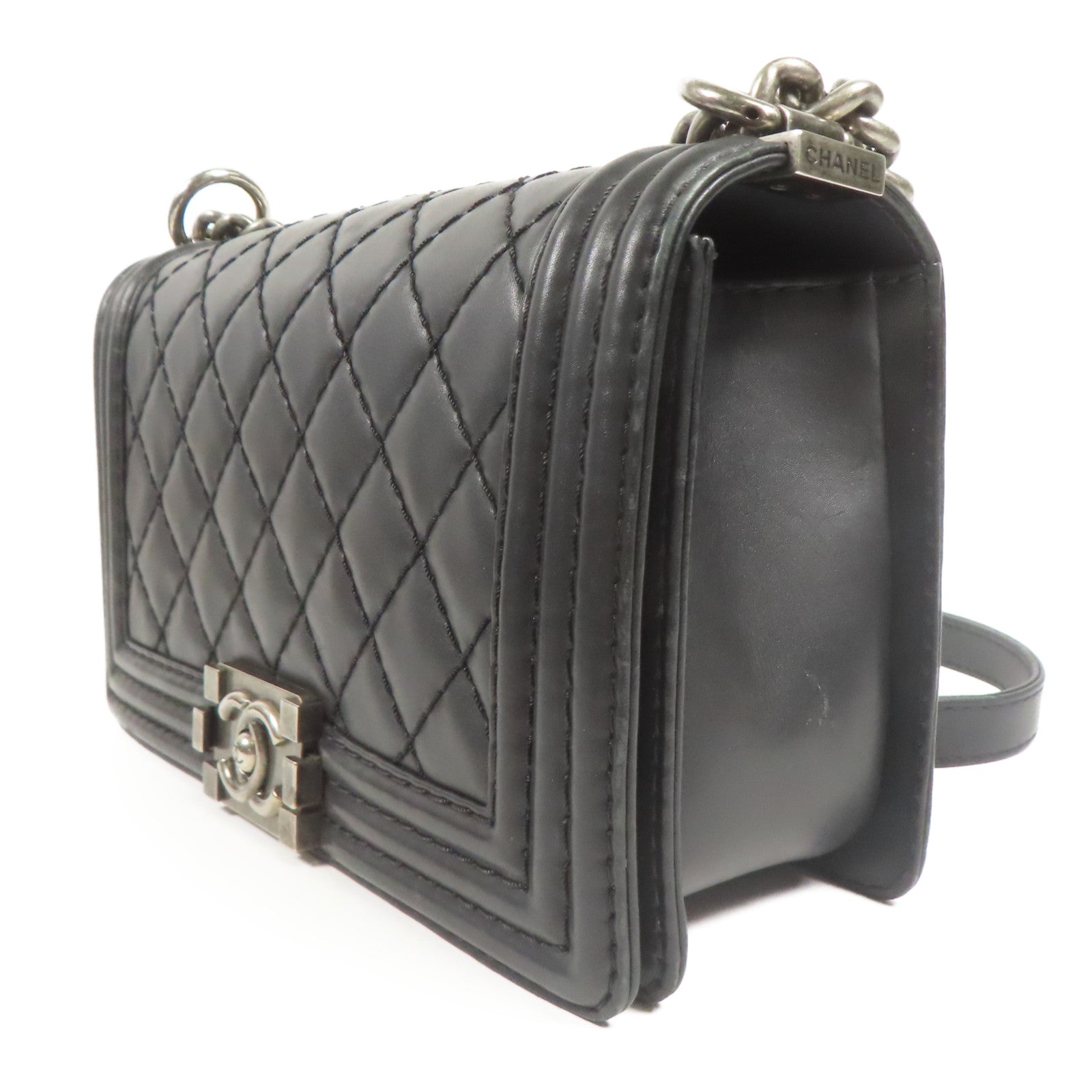 CHANEL 【激減優惠】牛皮皮革Boy銀扣鏈帶肩背袋