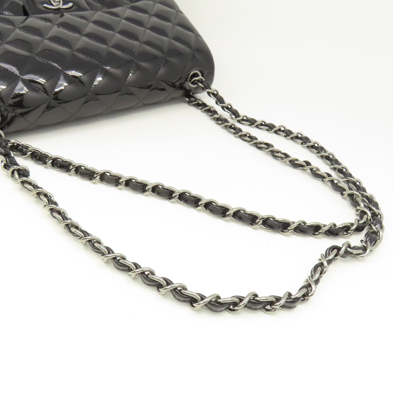 CHANEL 【激減優惠】菱格漆皮皮革Jumbo銀扣鏈帶肩背袋黑色