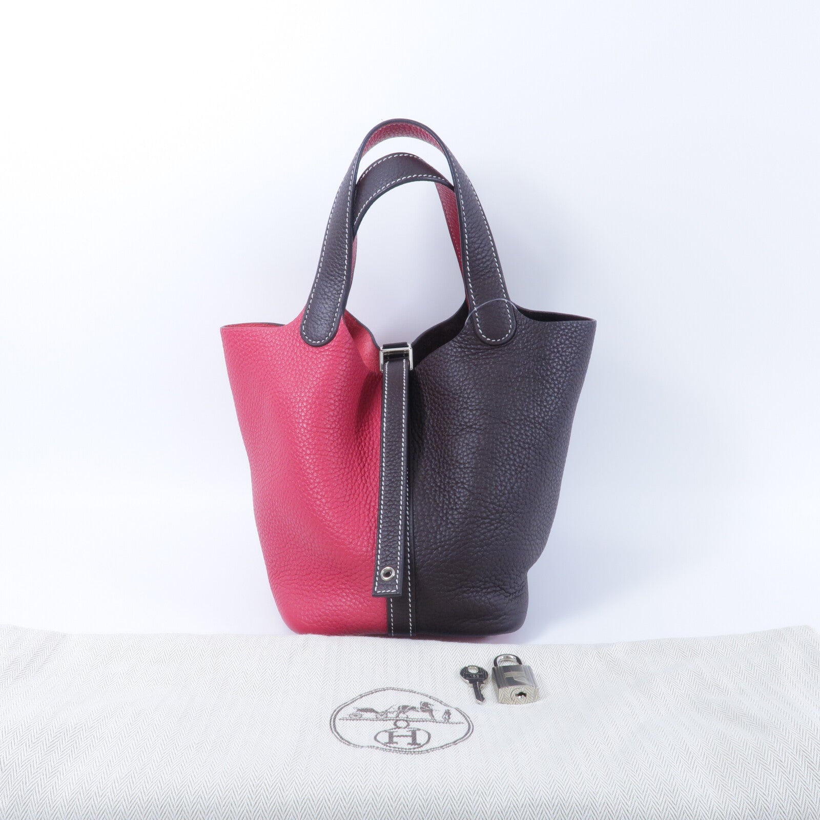 HERMES Clemence皮革Picotin PM手挽袋Rouge Sellier/Frambo