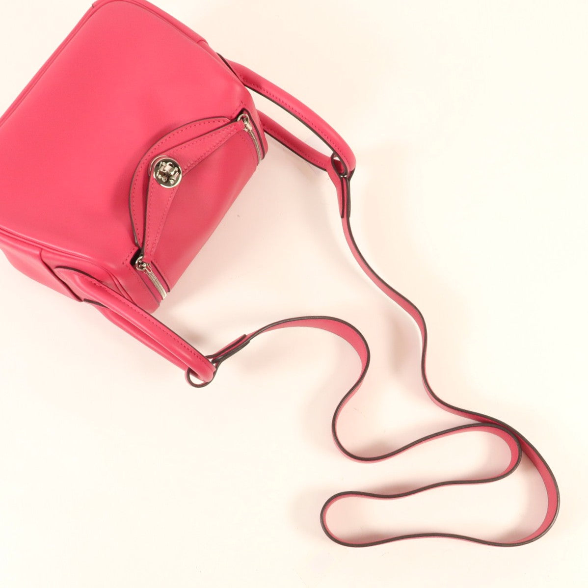 HERMES Swift皮革Mini Lindy銀扣手挽肩背兩用袋Rose Mexico