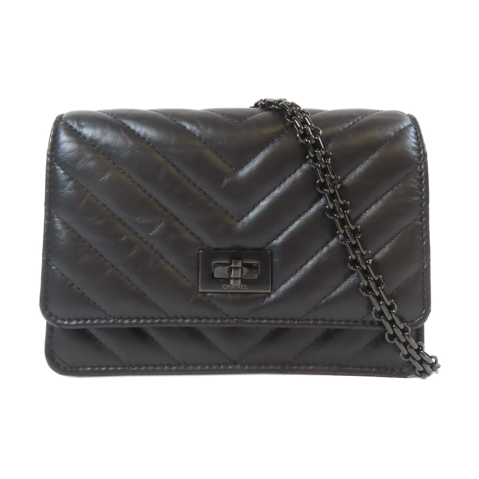 CHANEL 斜紋羊皮皮革2.55 WOC Wallet On Chain黑扣鏈帶肩背袋黑色