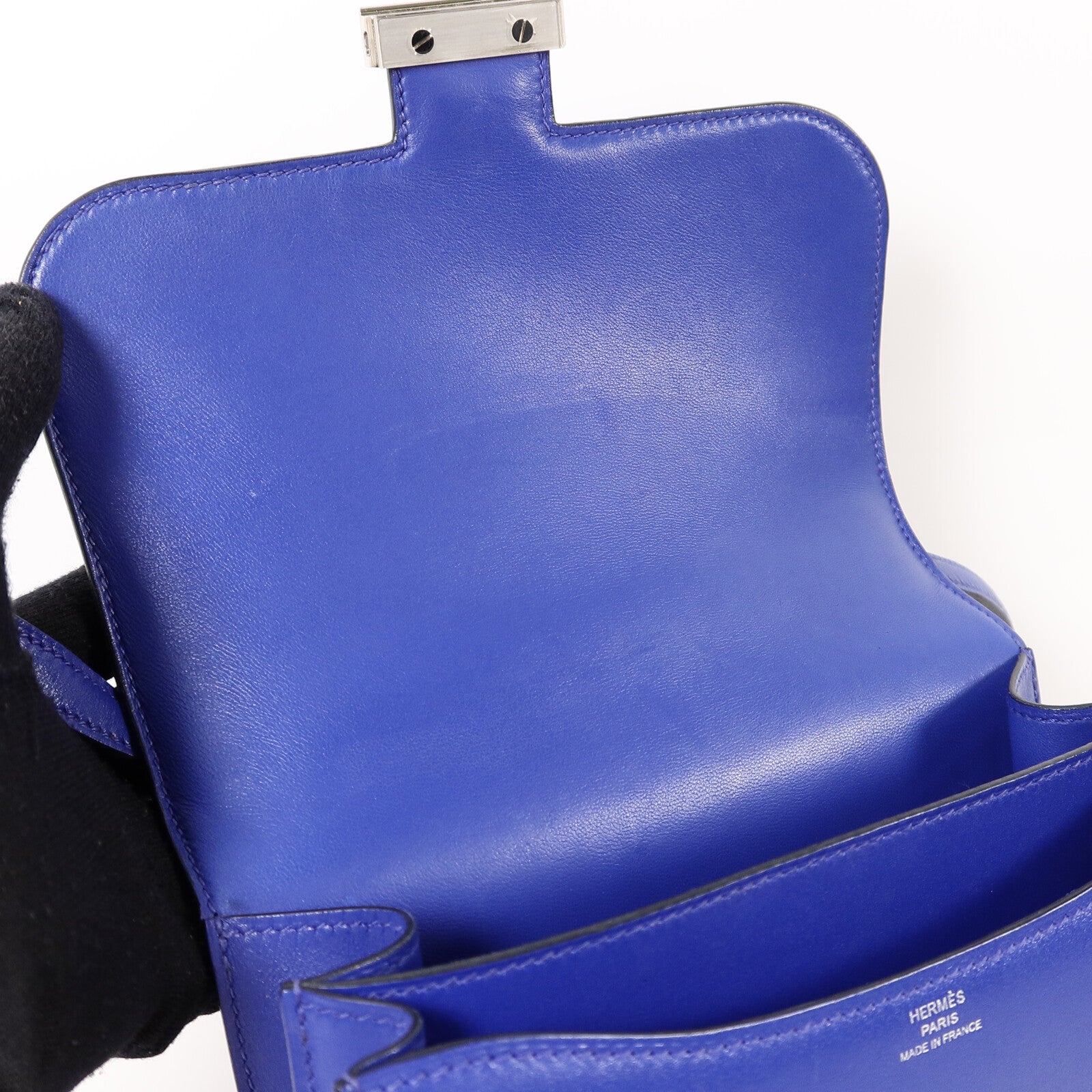 HERMES Box Calf皮革Constance Mini肩背袋Bleu Electrique