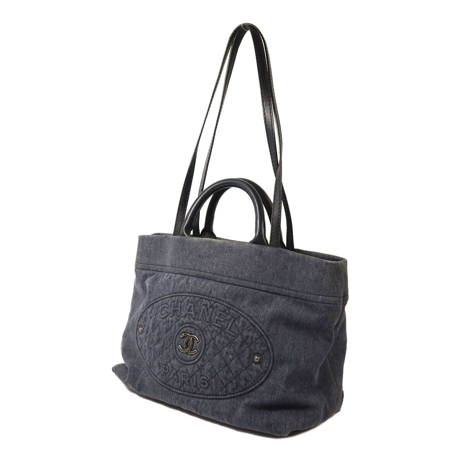 CHANEL 牛仔布2 way Shoulder銀扣手挽肩背兩用袋