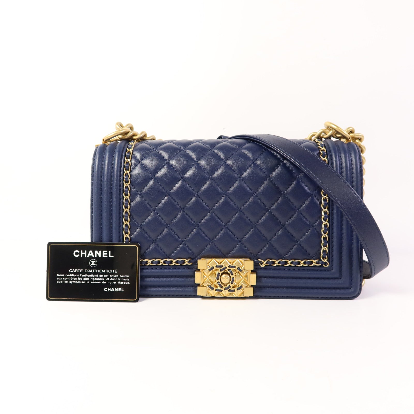 CHANEL 牛皮皮革Boy 25金扣鏈帶肩背袋