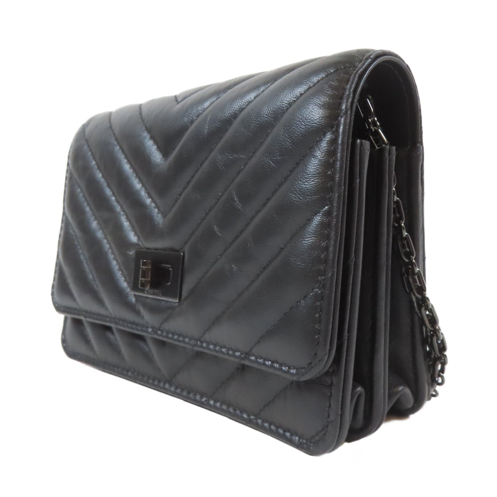 CHANEL 斜紋羊皮皮革2.55 WOC Wallet On Chain黑扣鏈帶肩背袋黑色