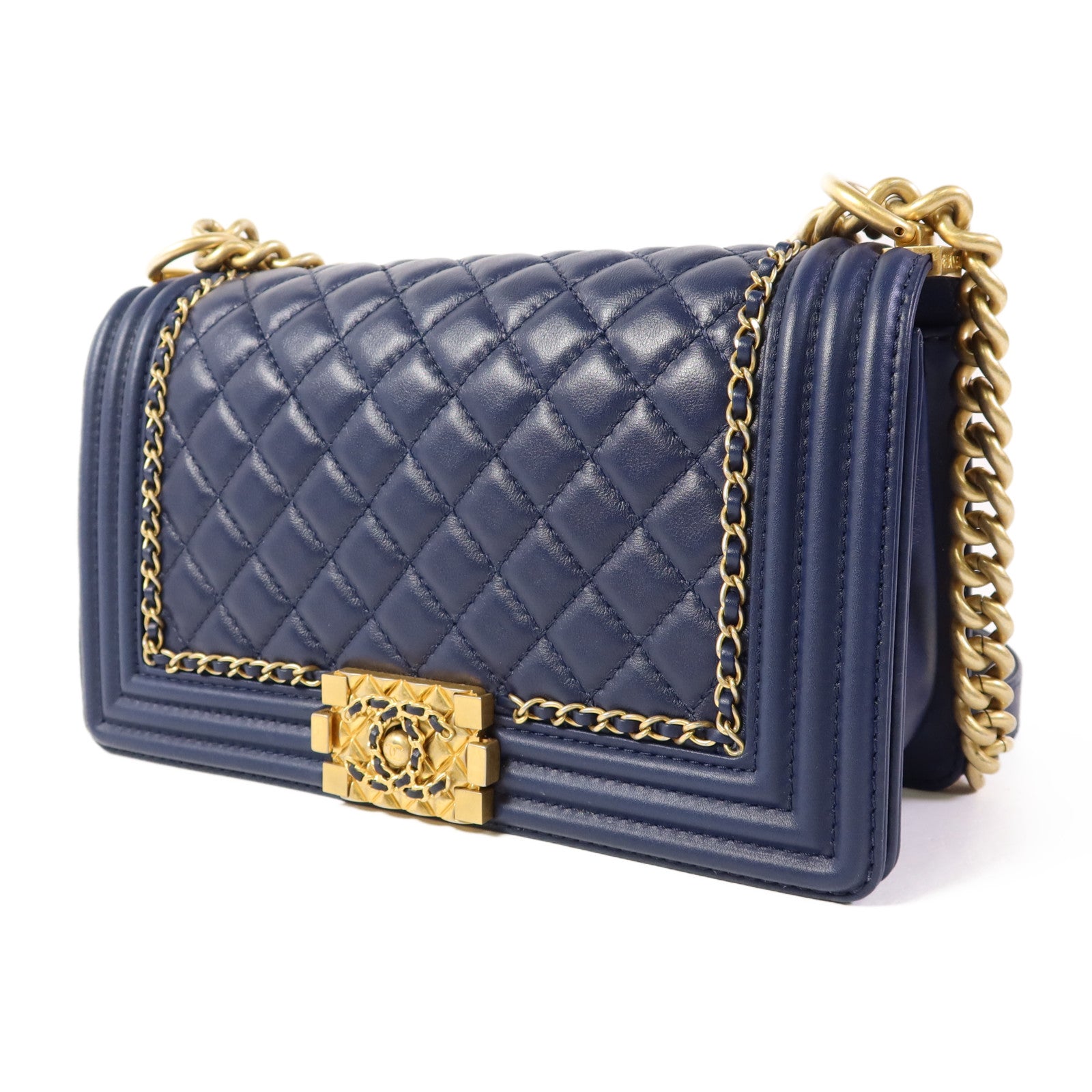 CHANEL 牛皮皮革Boy 25金扣鏈帶肩背袋