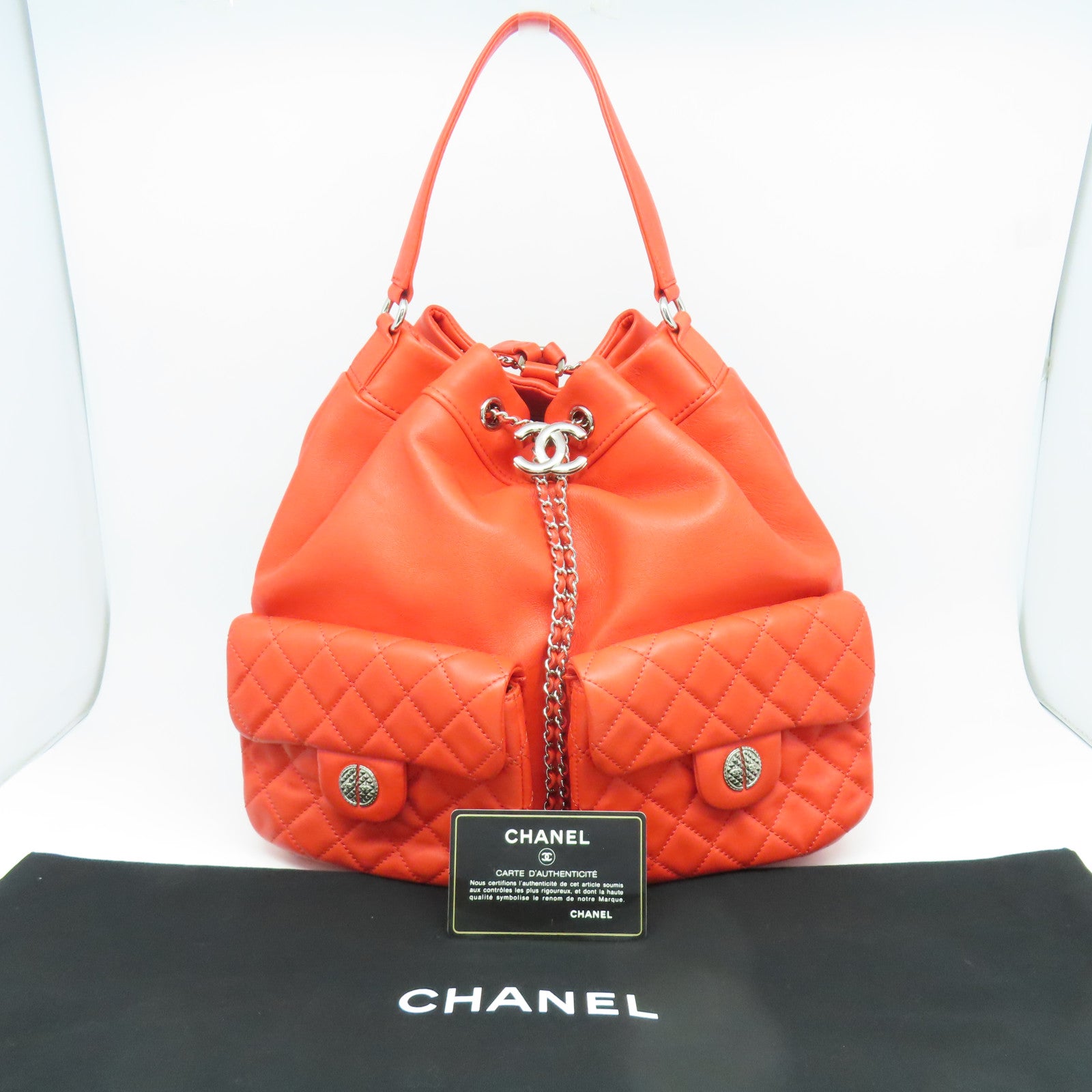 CHANEL **【清倉大減價】菱格牛皮皮革Backpack銀扣背包橙色