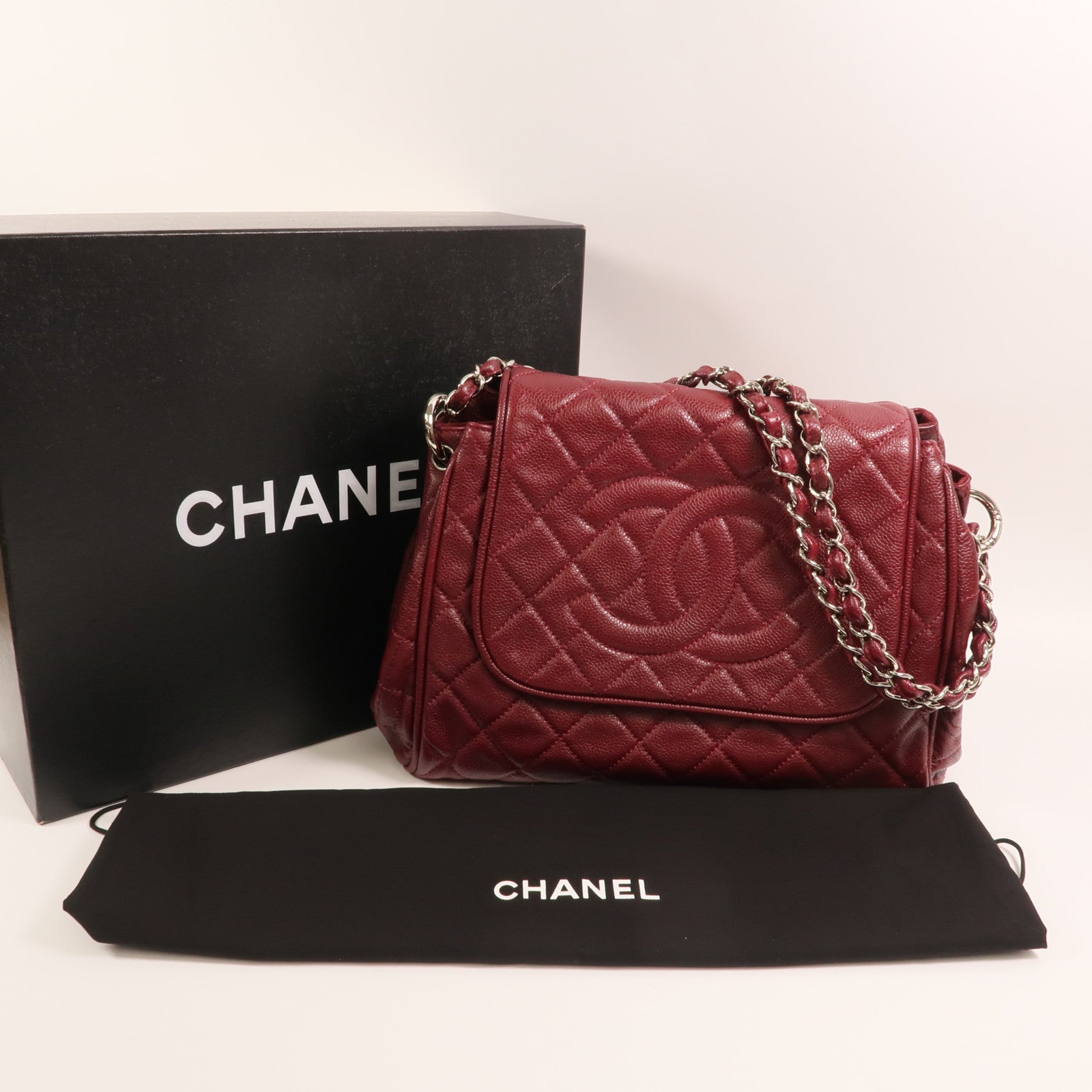 CHANEL 牛皮皮革Chain Shoulder銀扣鏈帶肩背袋