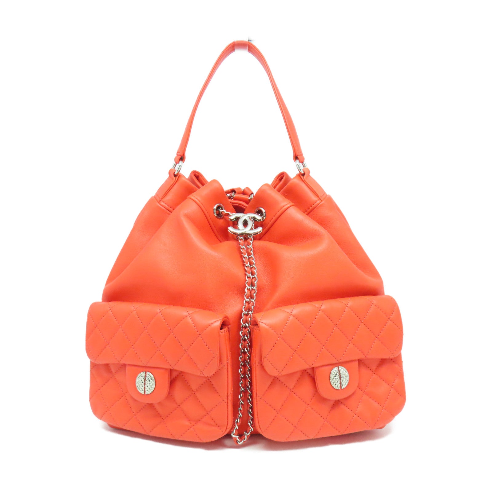 CHANEL **【清倉大減價】菱格牛皮皮革Backpack銀扣背包橙色